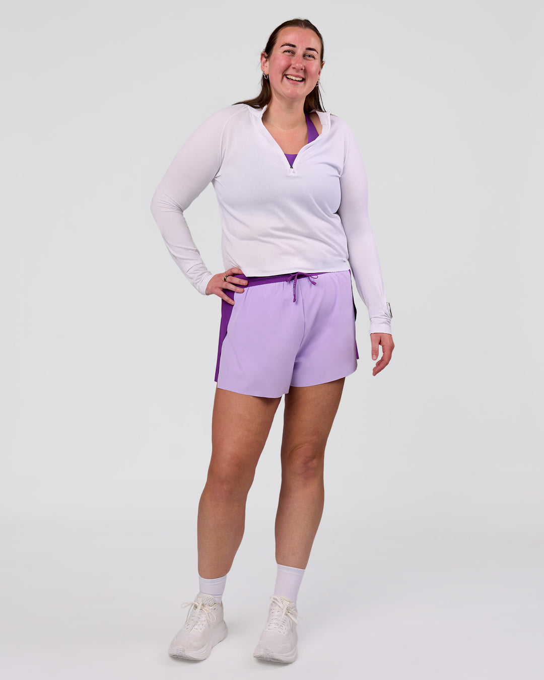 Woman wearing Accelerate 3" High-Rise Running Short - Chloe Purple | Model:Chloe | Size:3XL - view 8