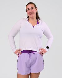 Woman wearing Accelerate 3" High-Rise Running Short - Chloe Purple | Model:Chloe | Size:3XL | Thumbnail Index: 3