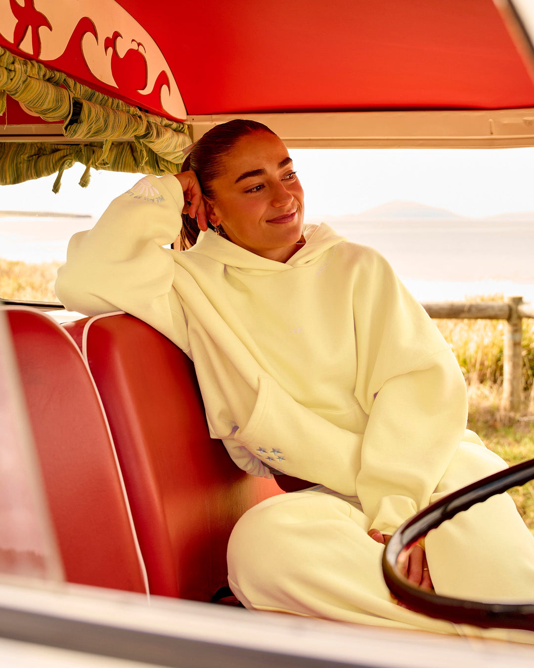 Woman wearing Zola Oversized Hoodie - Lemon | Model:Grace | Size:M