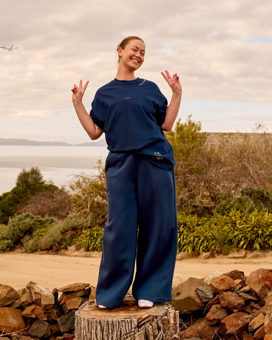 Woman wearing GG Heavyweight Oversized Tee - Future Navy | Model:Carole | Size:M