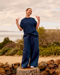 Woman wearing GG Heavyweight Oversized Tee - Future Navy | Model:Carole | Size:M