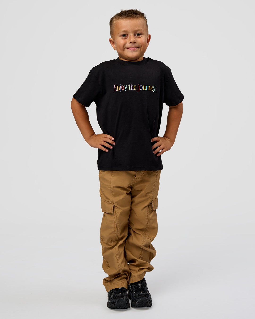Kid wearing Kid wearing Kids Enjoy the Journey FLXCotton Tee - Bubblegum | Model:Jax | Size:6