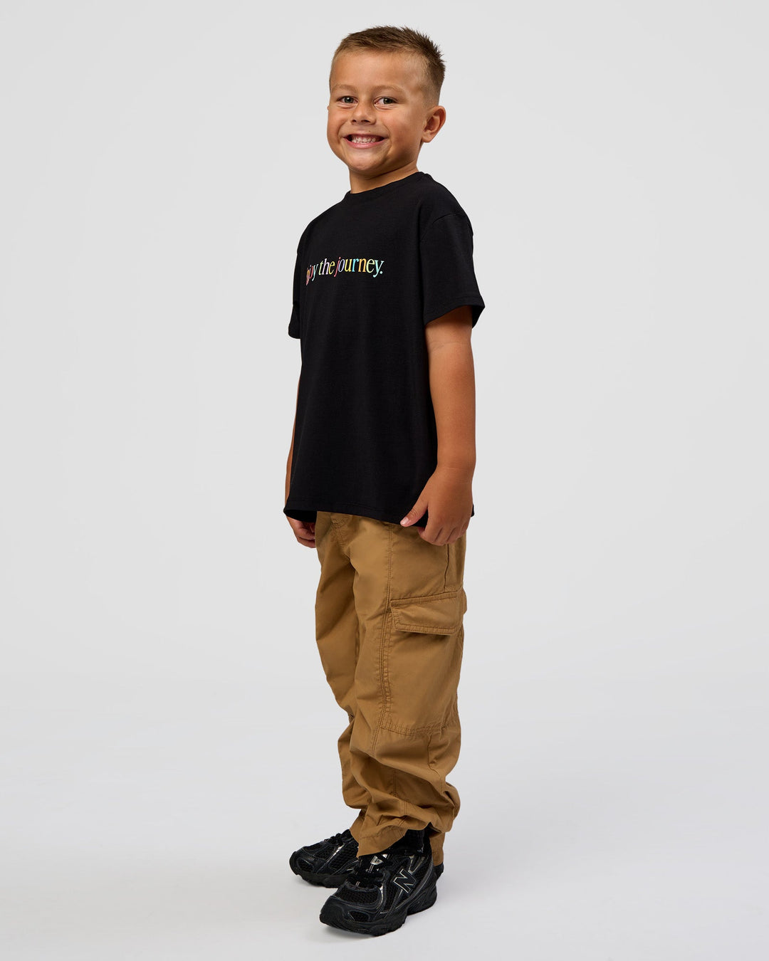 Kid wearing Kid wearing Kids Enjoy the Journey FLXCotton Tee - Bubblegum | Model:Jax | Size:6