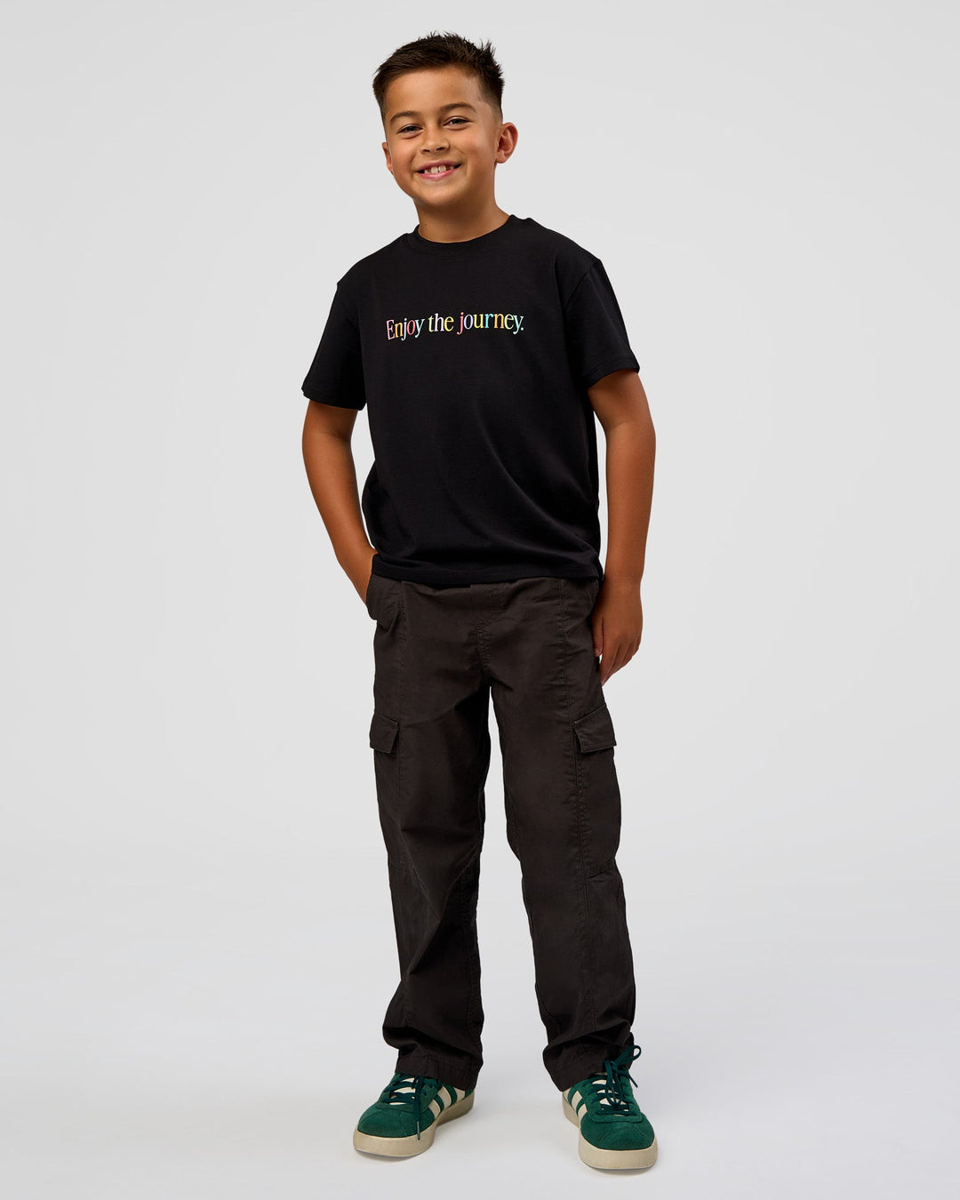Kid wearing Kid wearing Kids Enjoy the Journey FLXCotton Tee - Bubblegum | Model:Jax | Size:8