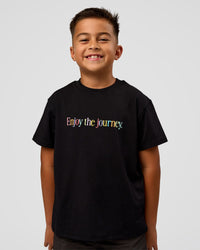 Kid wearing Kid wearing Kids Enjoy the Journey FLXCotton Tee - Bubblegum | Model:Jax | Size:8