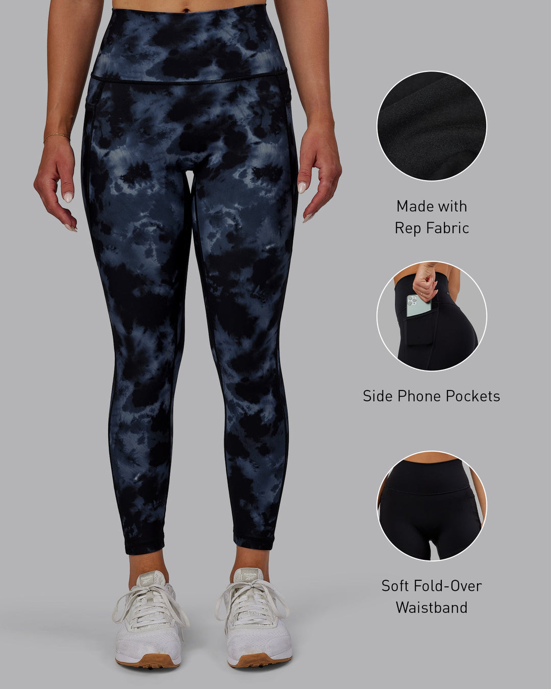 Woman wearing Fusion 7/8 Length Leggings - Tie Dye-Midnight