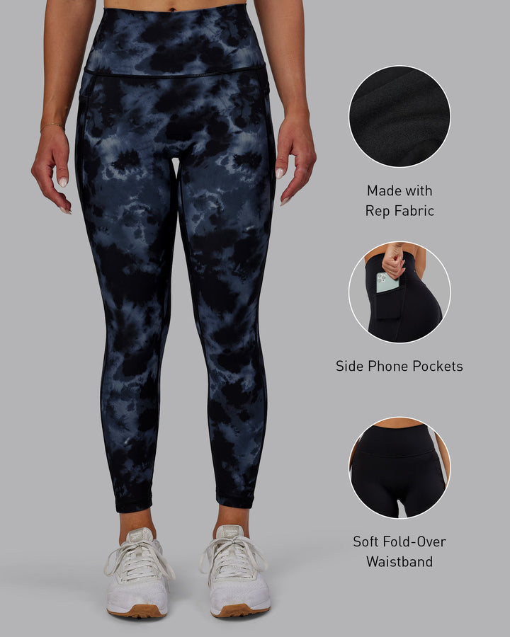 Woman wearing Fusion 7/8 Length Leggings - Tie Dye-Midnight
