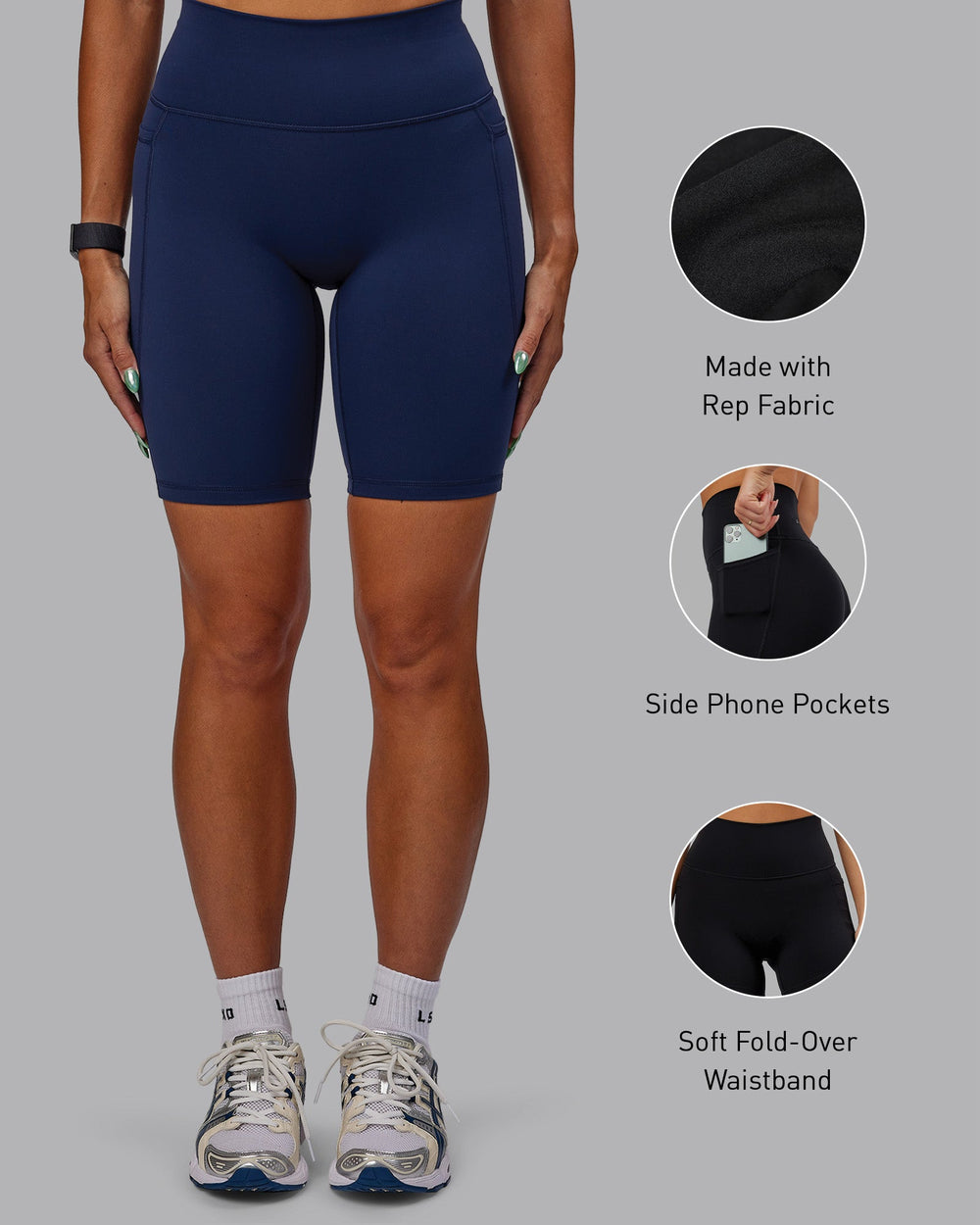 Woman wearing Fusion Bike Shorts with Pockets - Future Navy