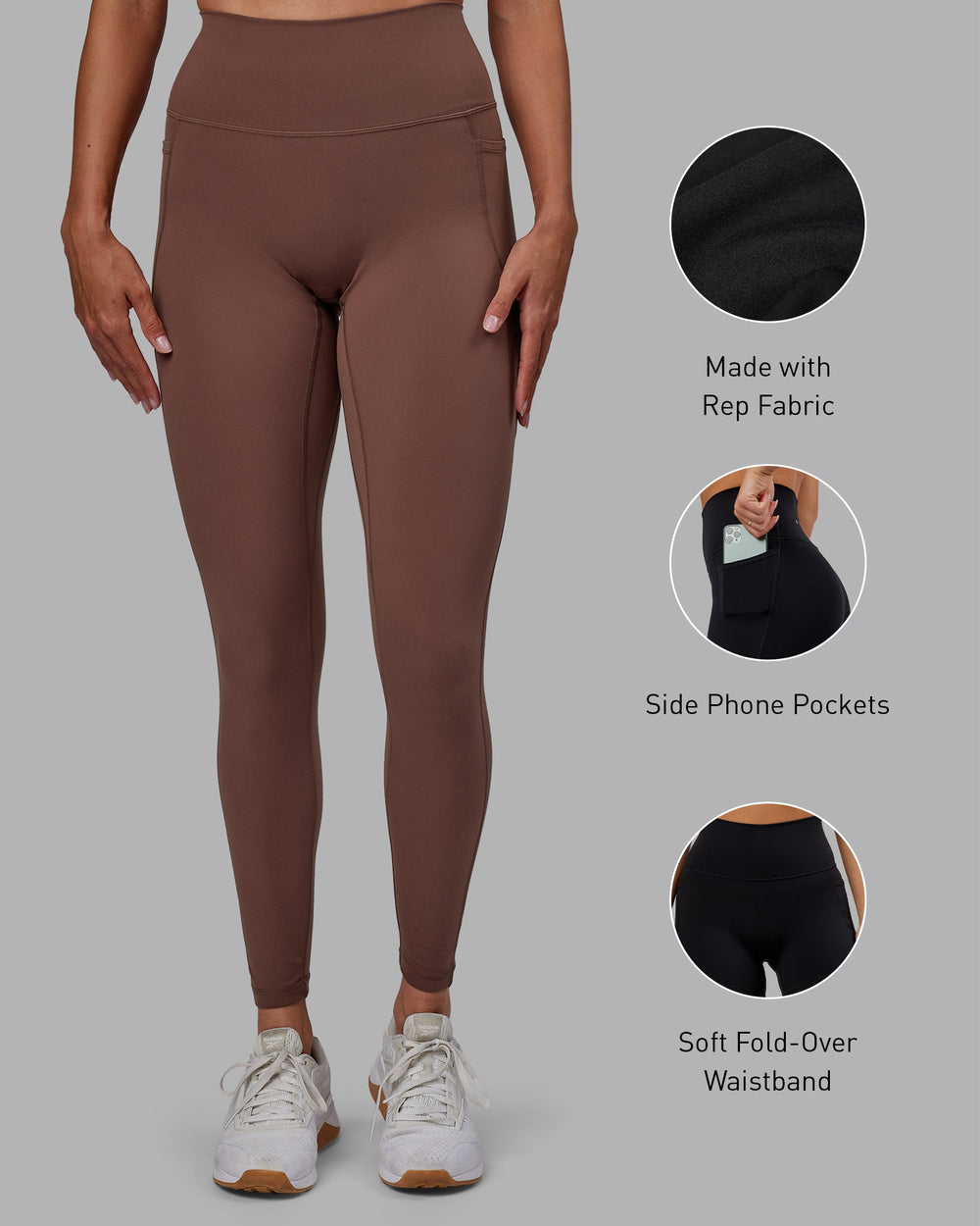 Woman wearing Fusion Full Length Leggings - Dull Rust