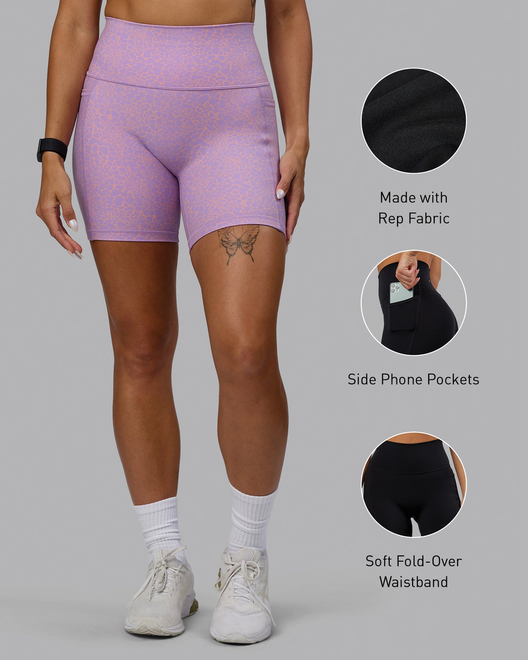 Woman wearing Fusion Mid Short Tights - Pale Lilac Vitality Print