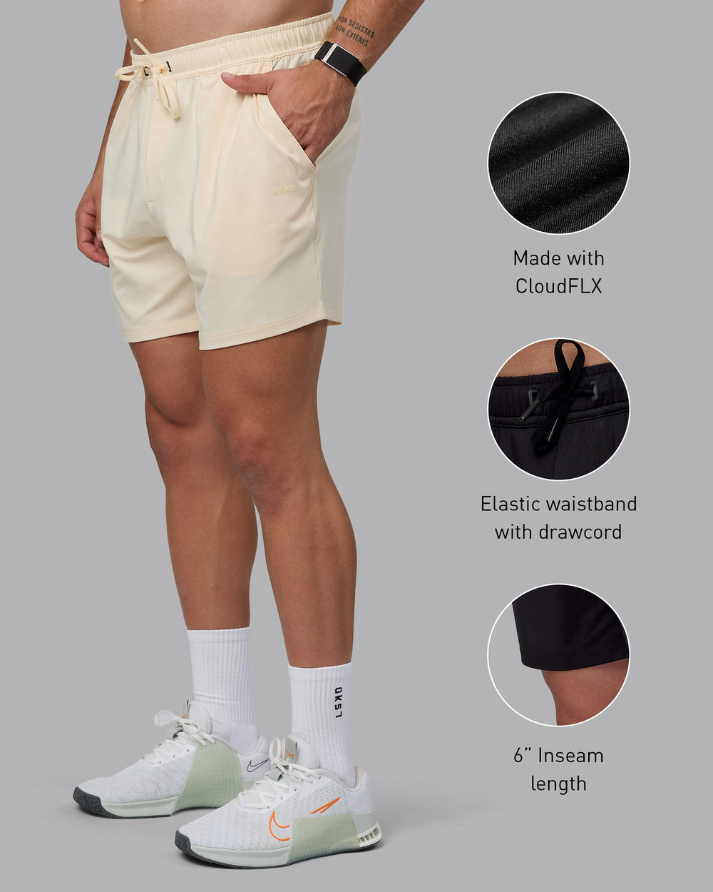 Man wearing Restore 6" CloudFLX Shorts - Ivory