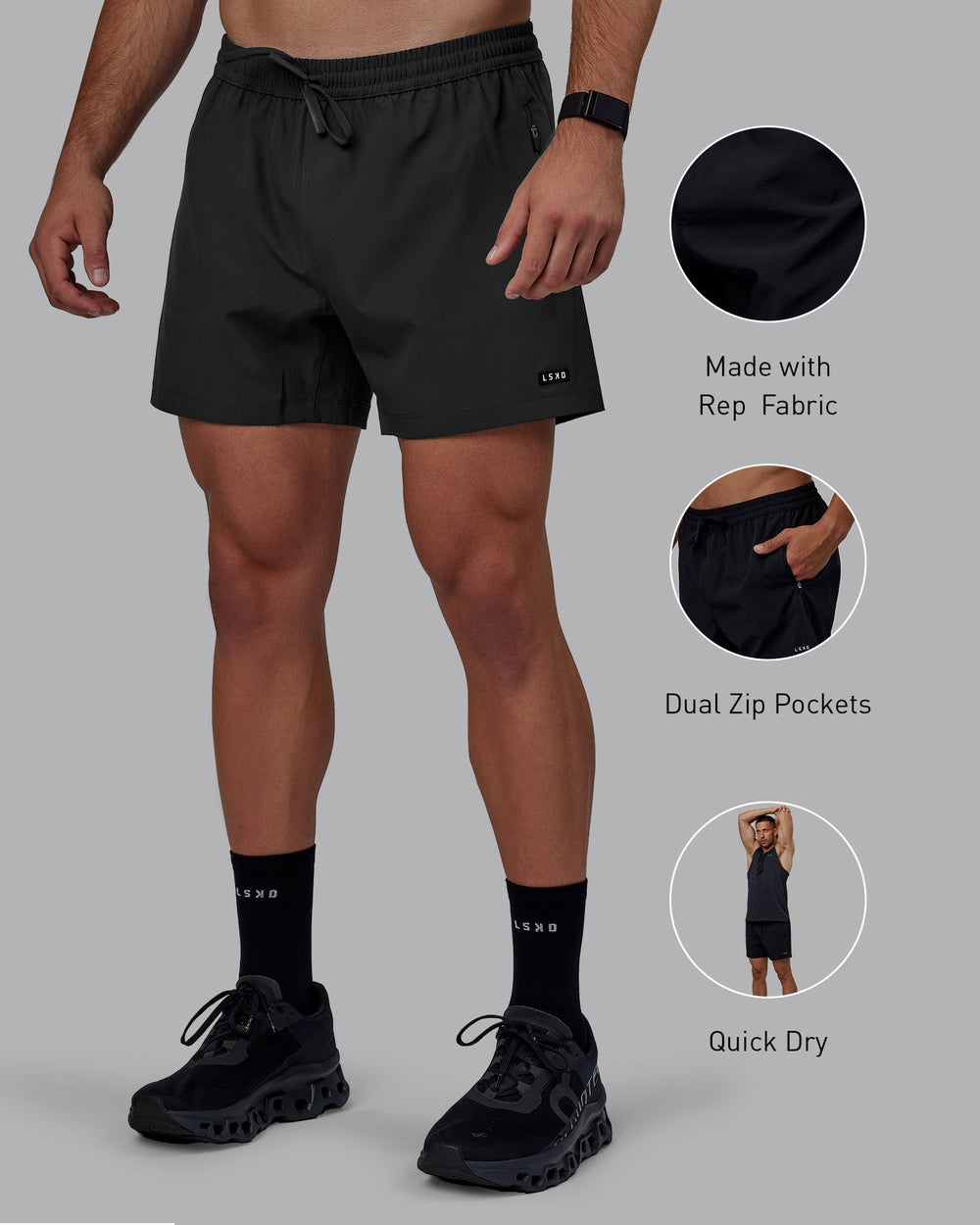 Man wearing Rep 5" Performance Shorts - Pirate Black