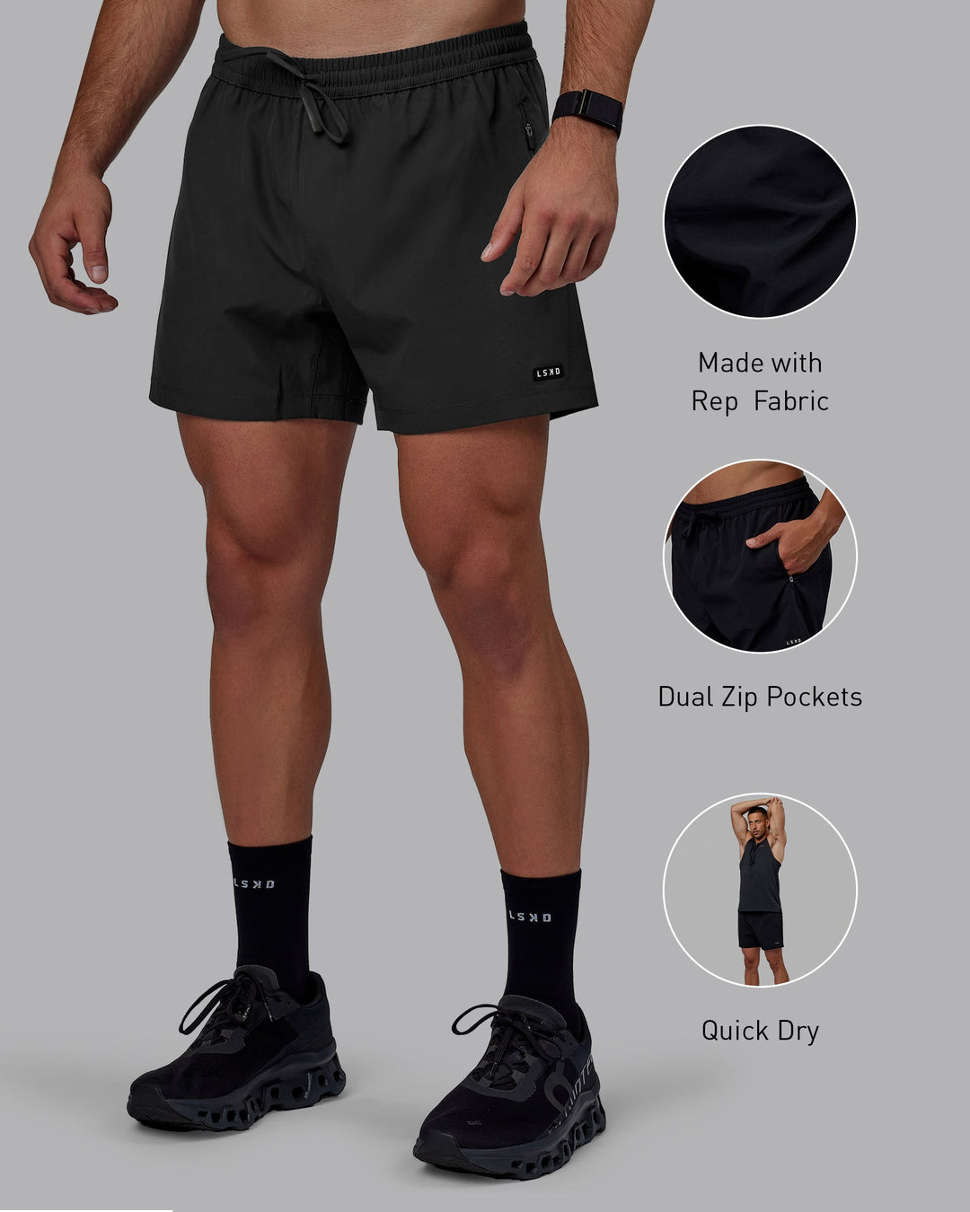 Man wearing Rep 5&quot; Performance Shorts - Pirate Black