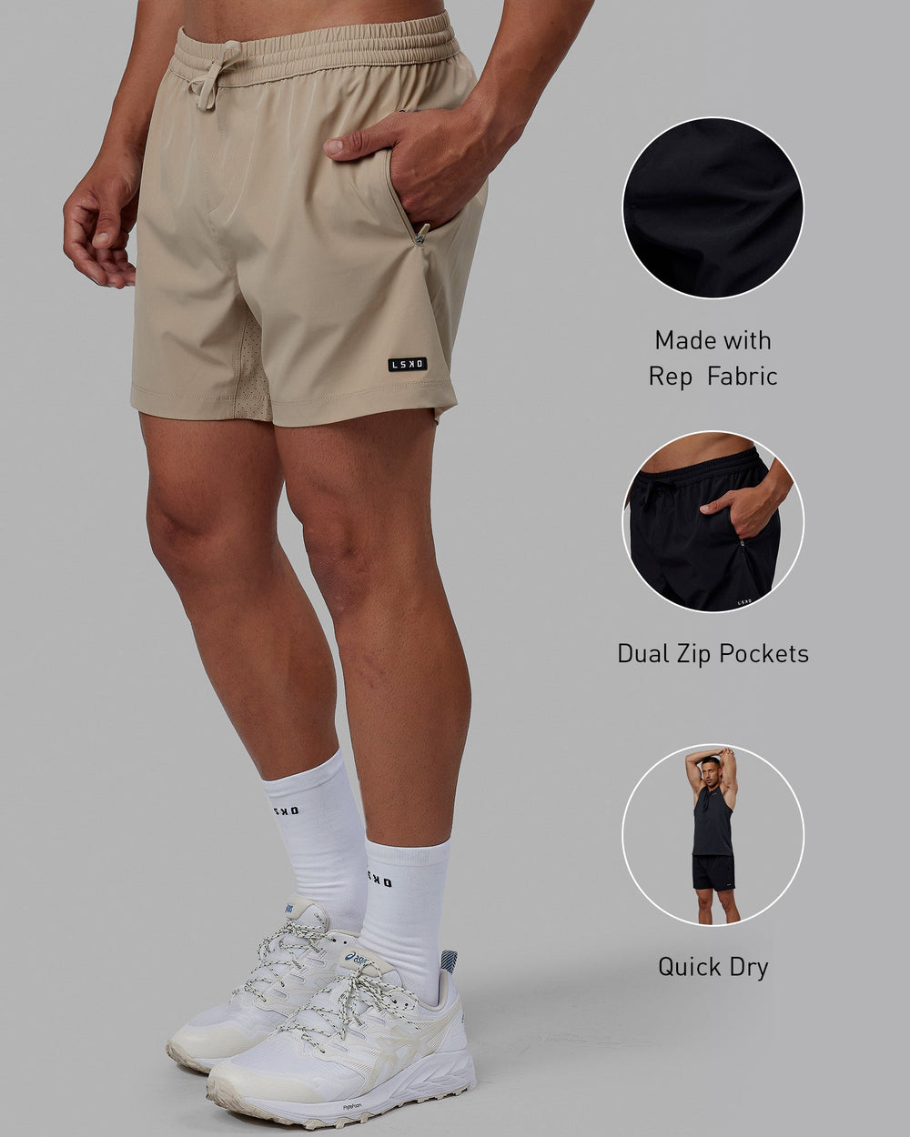 Man wearing Rep 5'' Performance Short - Taupe