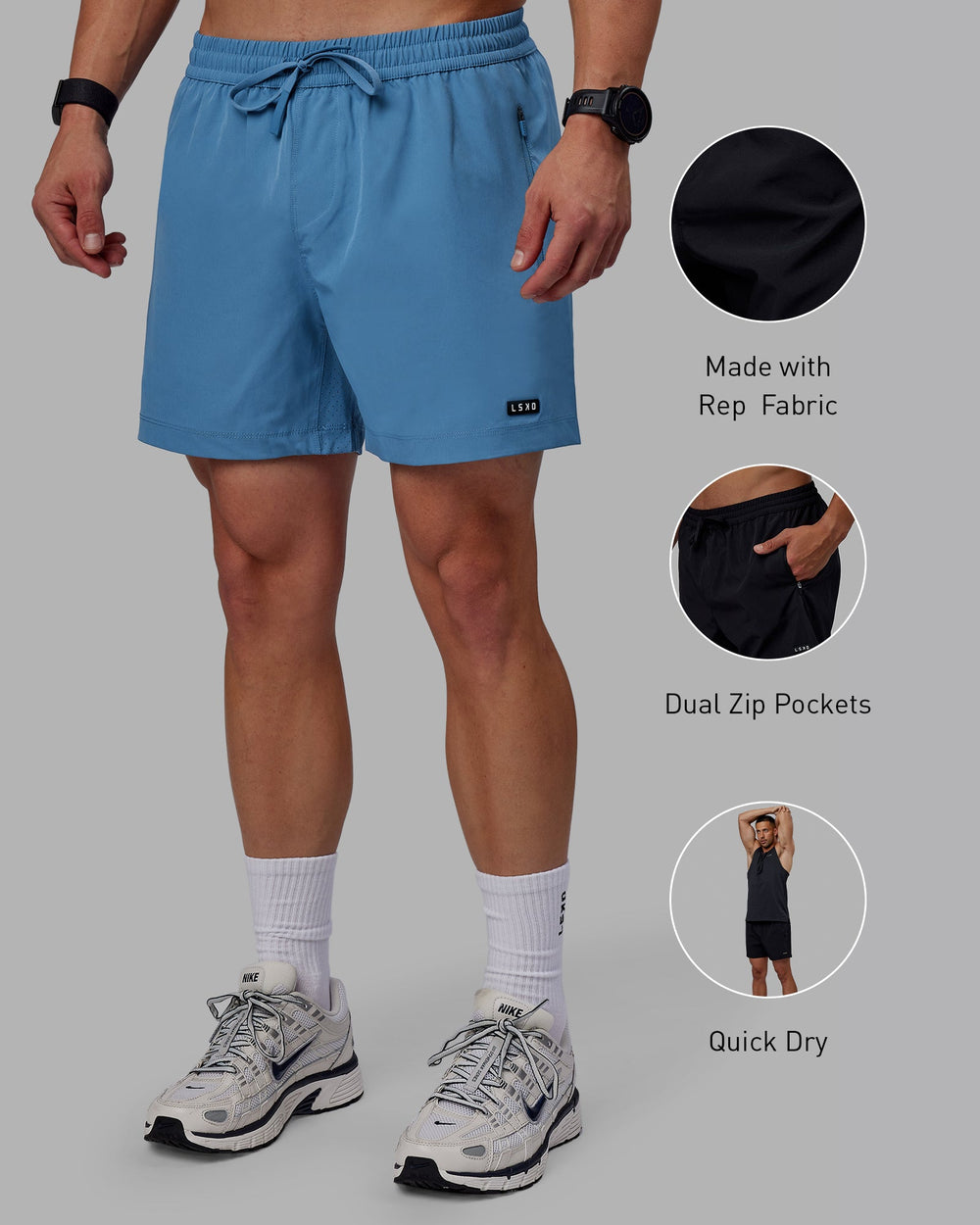 Man wearing Rep 5" Performance Shorts - Elemental Blue