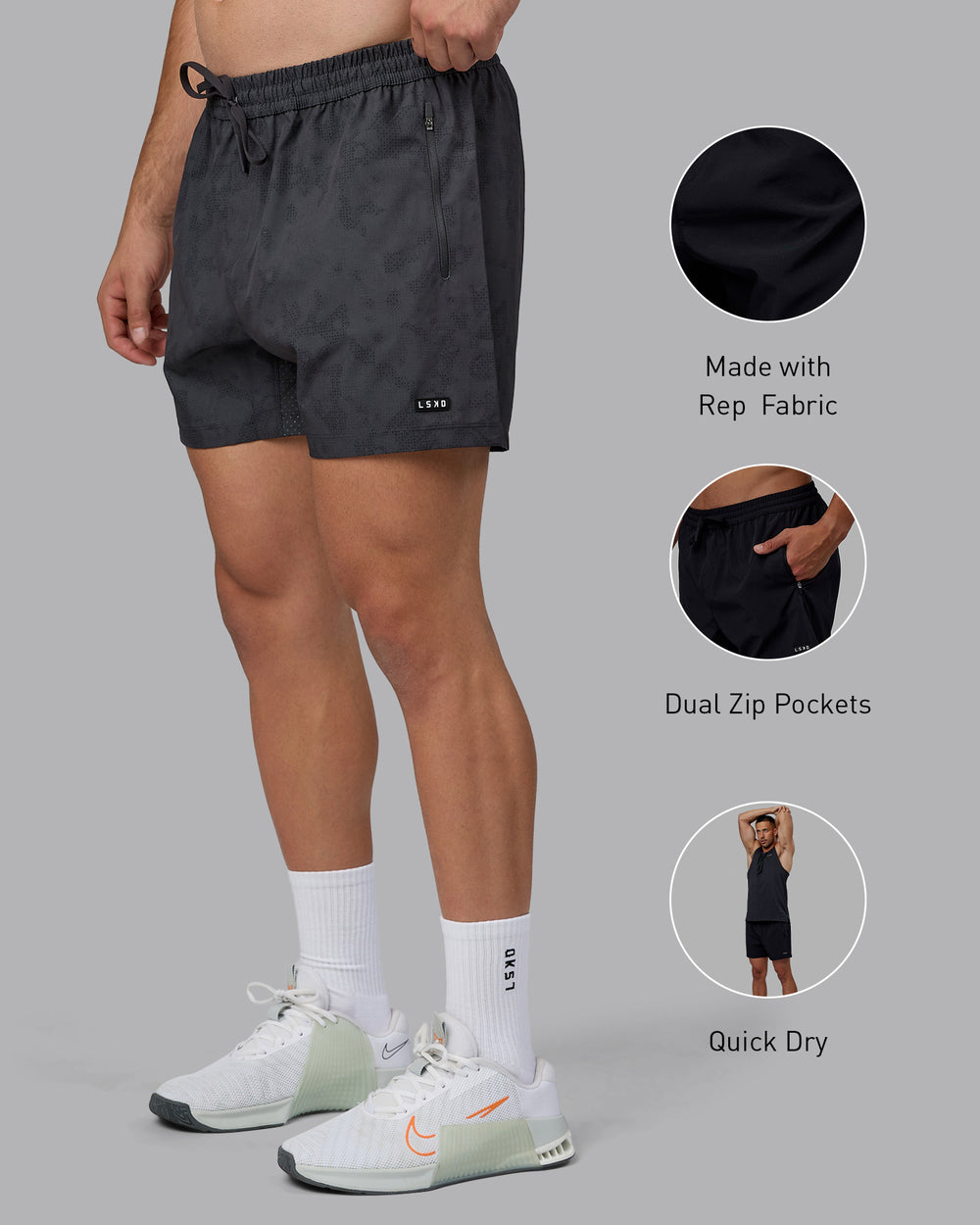 Man wearing Rep 5" Performance Shorts - Digital Camo Pirate Black