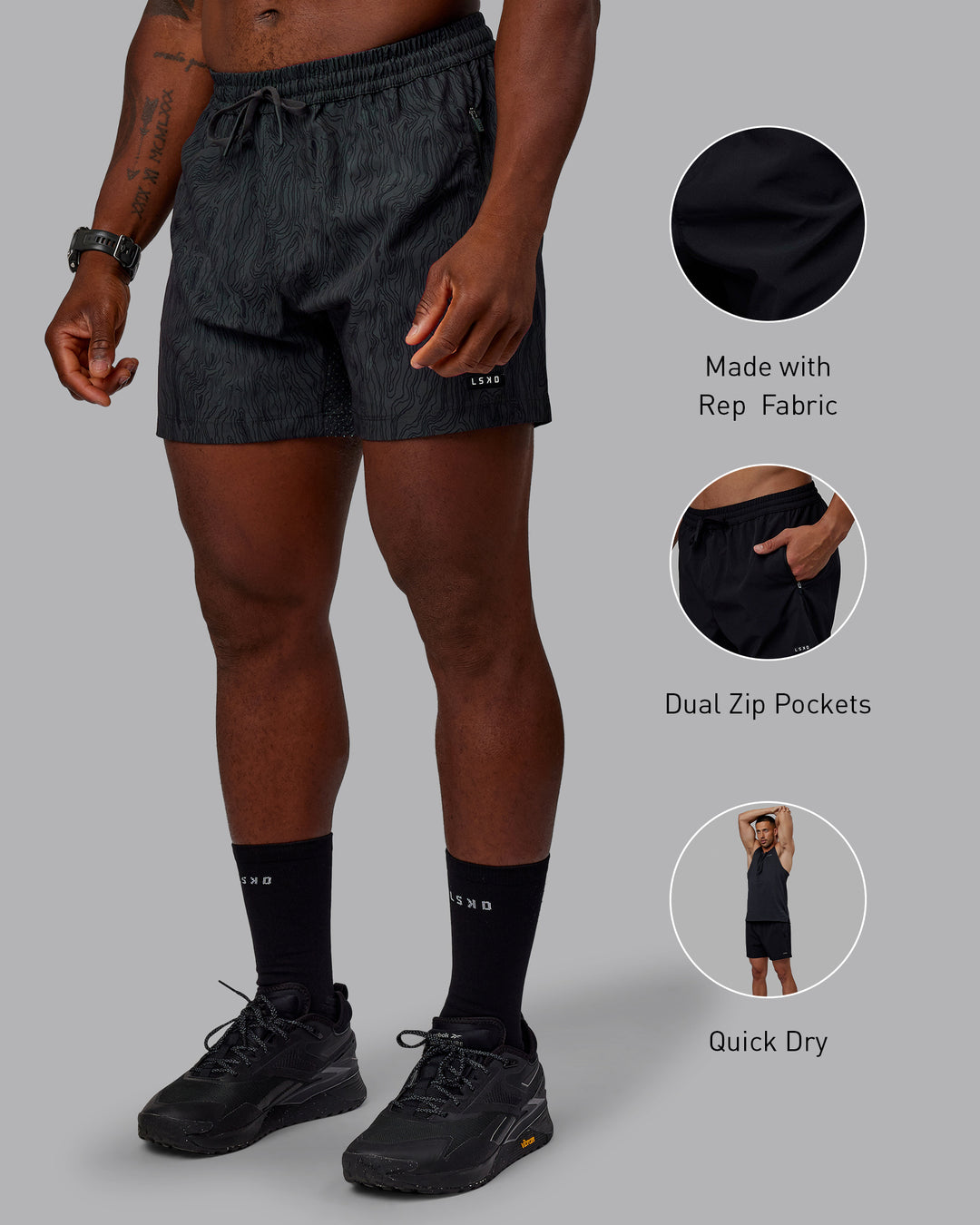 Man wearing Rep 5&quot; Performance Shorts - Topographic Black 