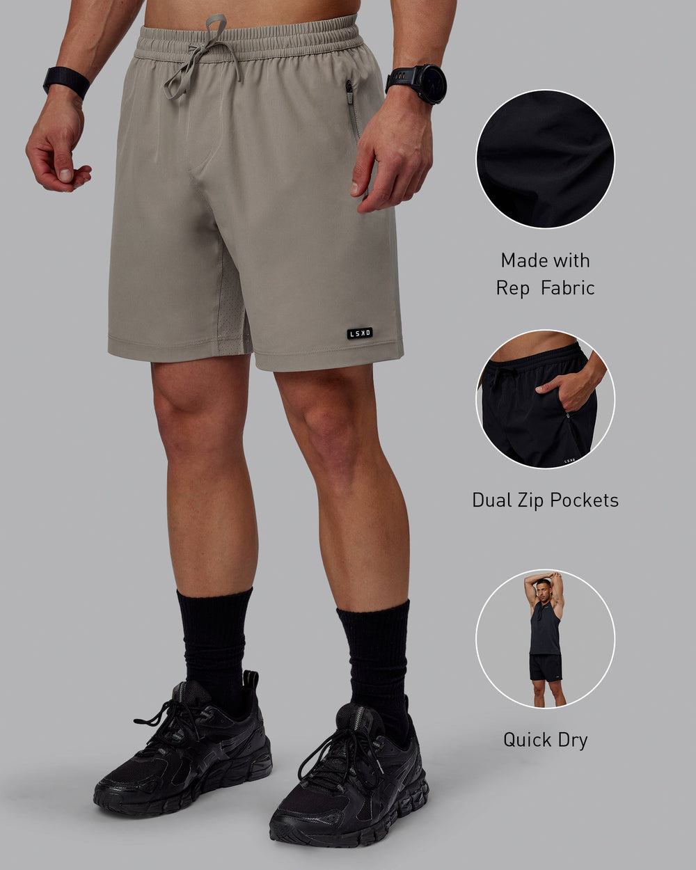 Man wearing Rep 7" Performance Shorts - Elephant