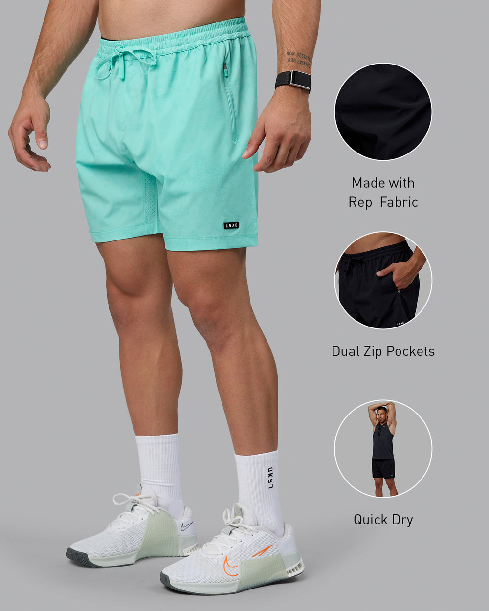 Man wearing Rep 7" Performance Shorts - Digital Camo Cockatoo