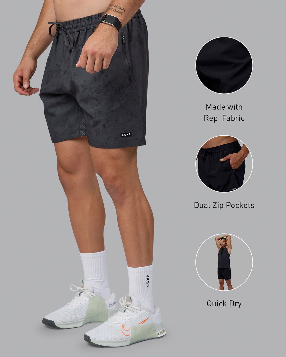 Man wearing Rep 7" Performance Shorts - Digital Camo Pirate Black