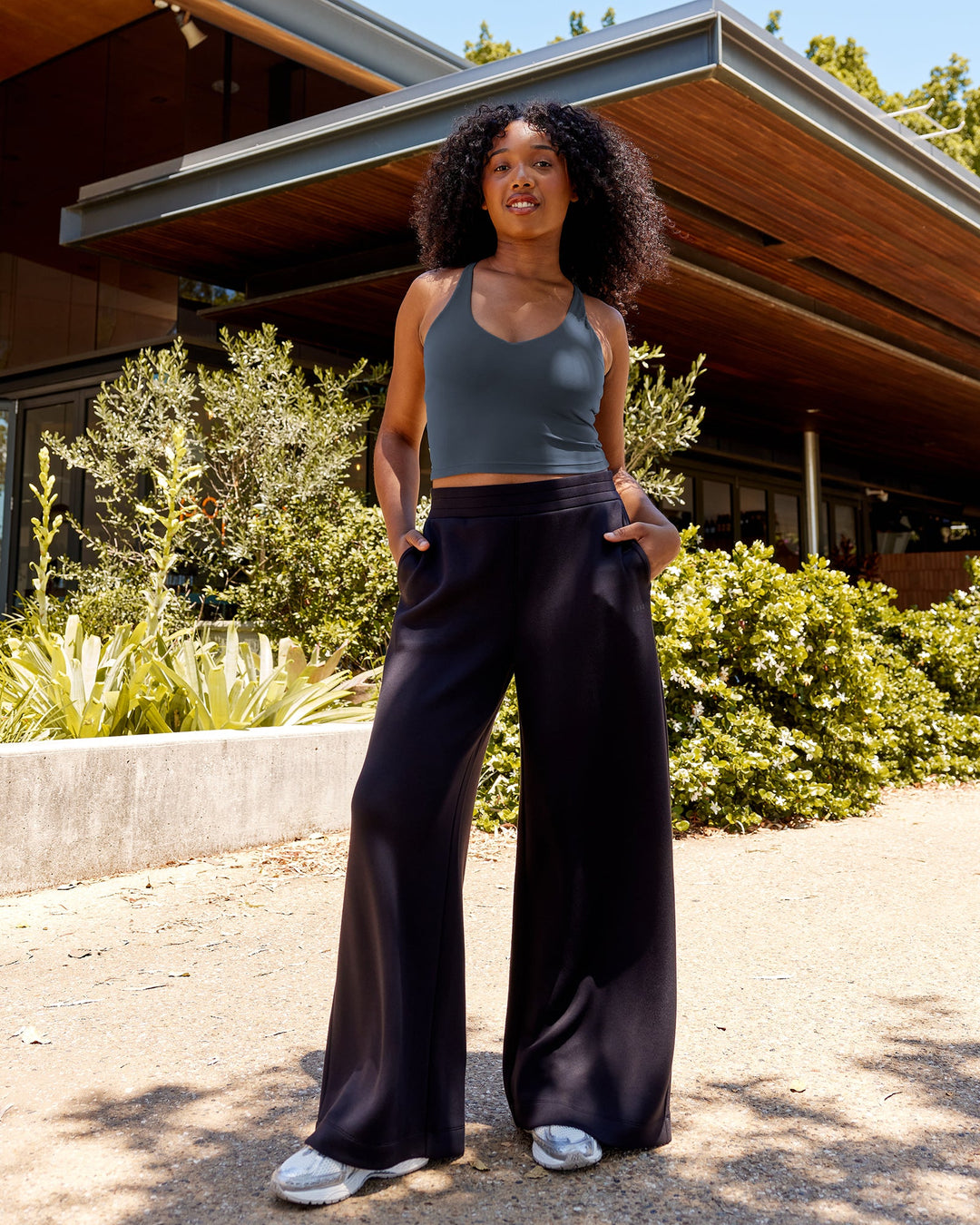 Woman wearing Elevate SoftTouch Wide Leg Pants - Black-Black