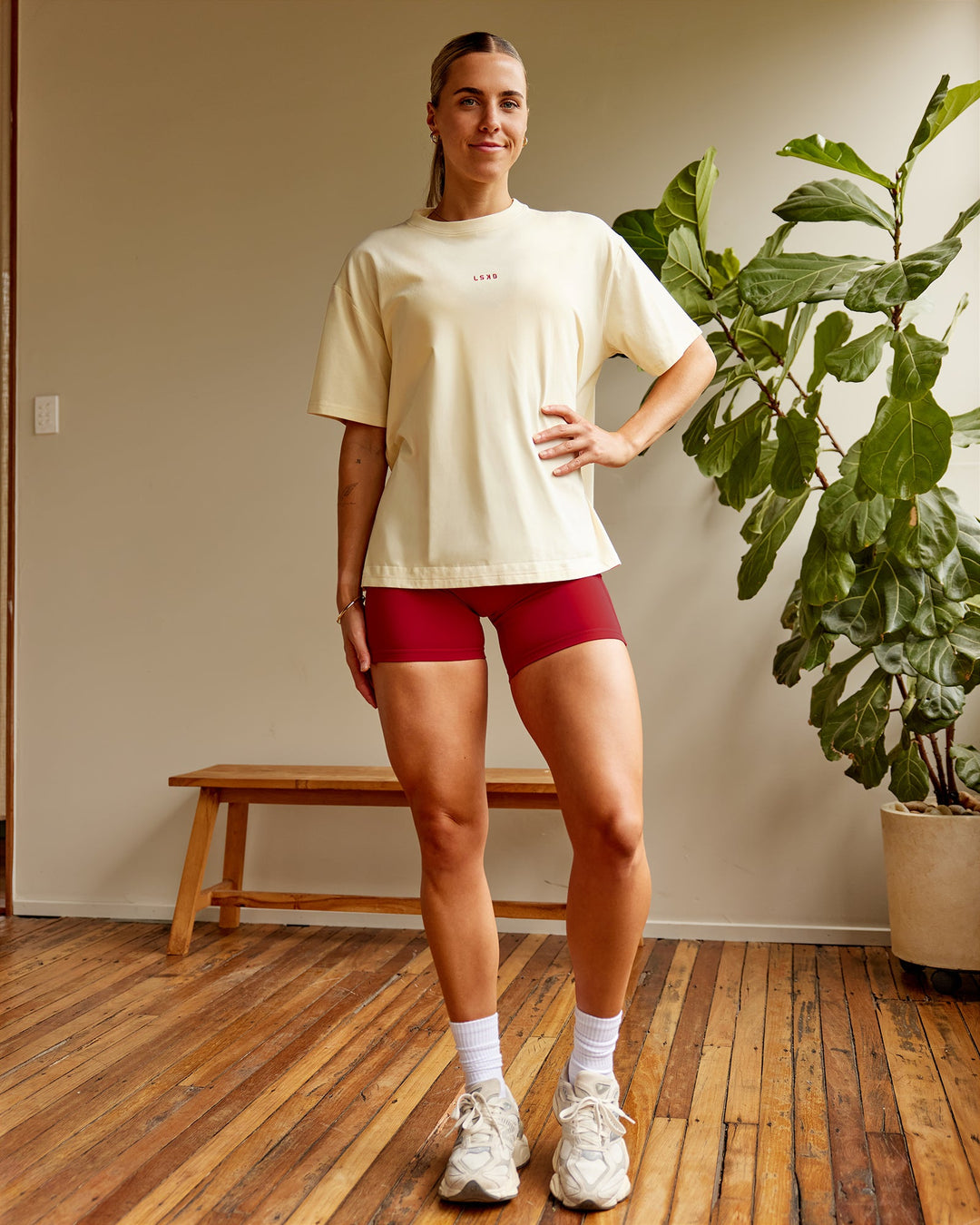 Woman wearing Go-To FLXCotton Oversized Tee - Ivory-Cherry Red