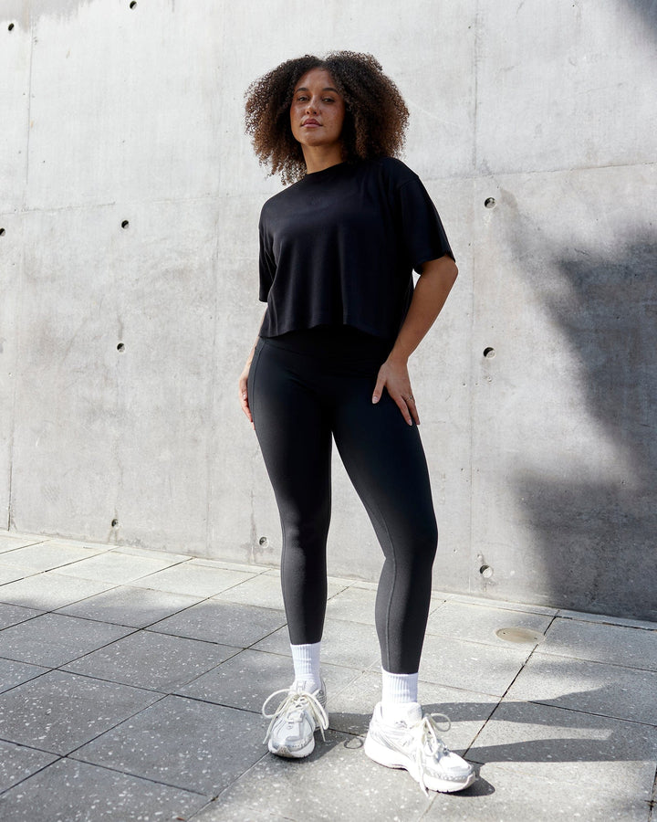 Woman wearing Go-To Modal Oversized Cropped Tee - Black-Black