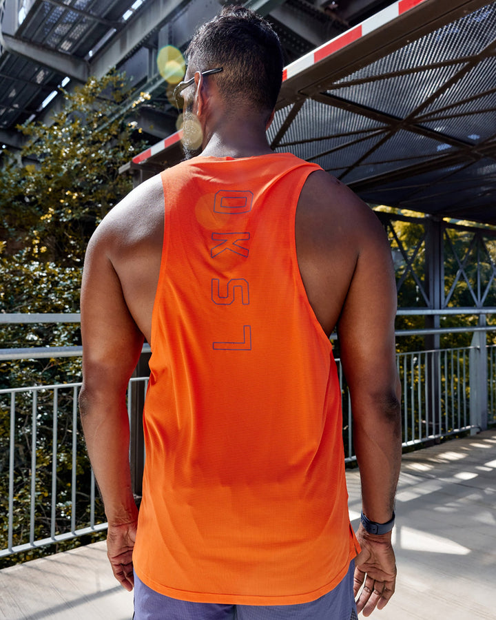 Man wearing Race Day Tank - Ultra Orange-Future Dusk
