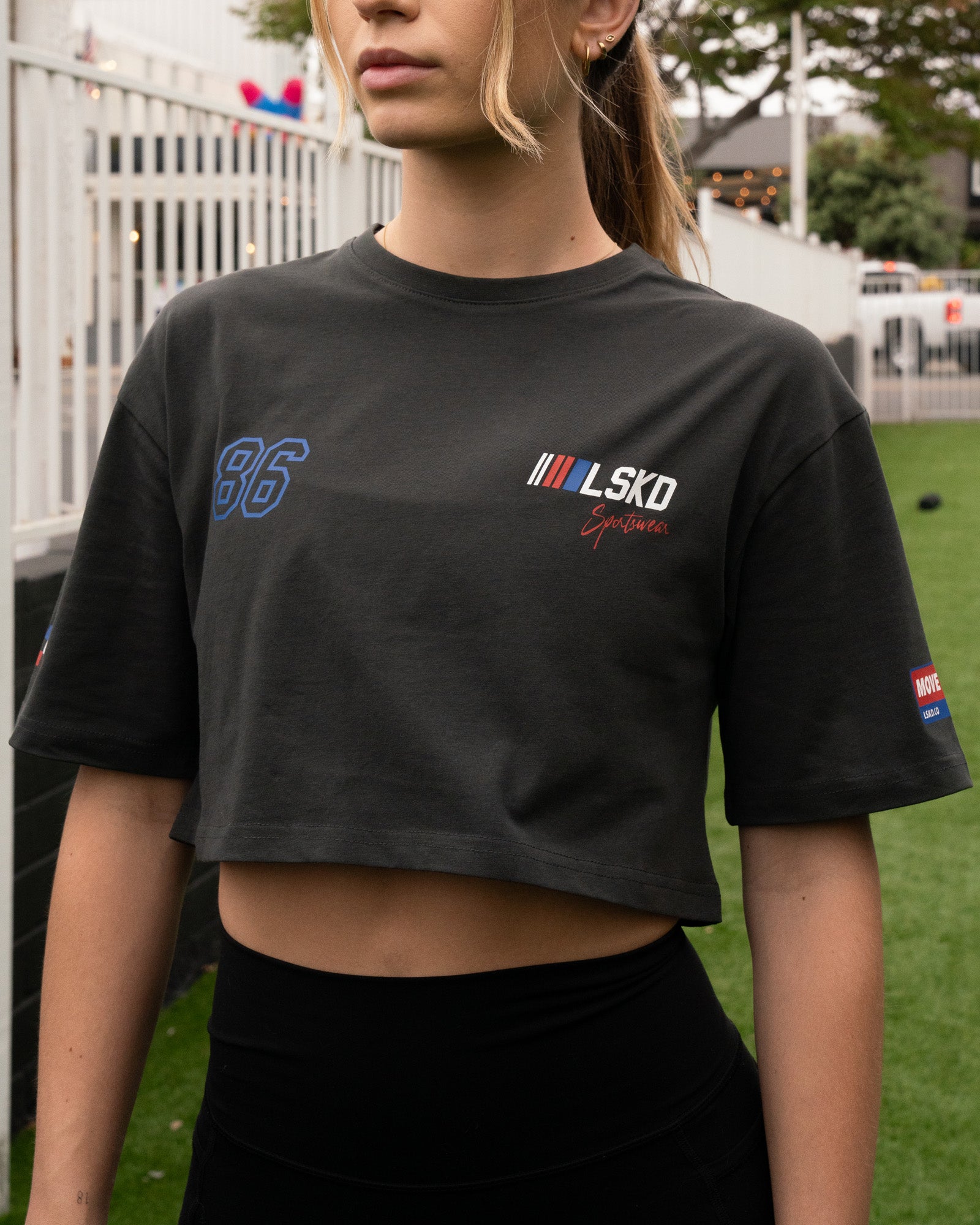 Woman wearing Redline FLXCotton Cropped Tee - Pirate Black-White
