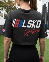 Woman wearing Redline FLXCotton Cropped Tee - Pirate Black-White