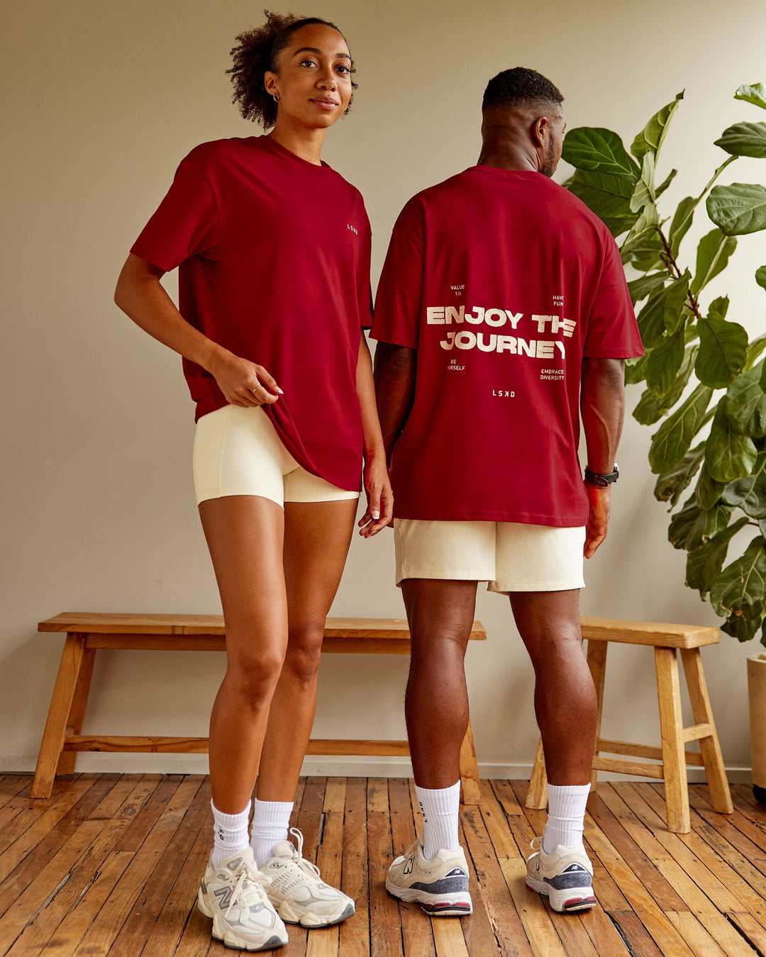 Duo wearing Unisex Enjoy the Journey Value Series FLXCotton Tee Oversize - Cherry Red-Ivory