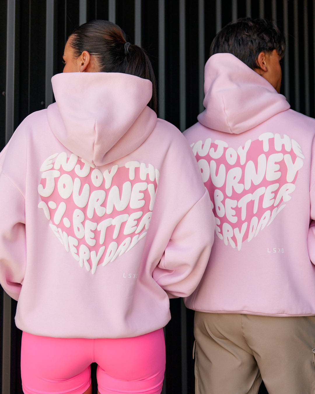 Duo wearing Love The Journey Unisex Oversized Hoodie - Marshmallow-White | Model:Both | Size:Duo