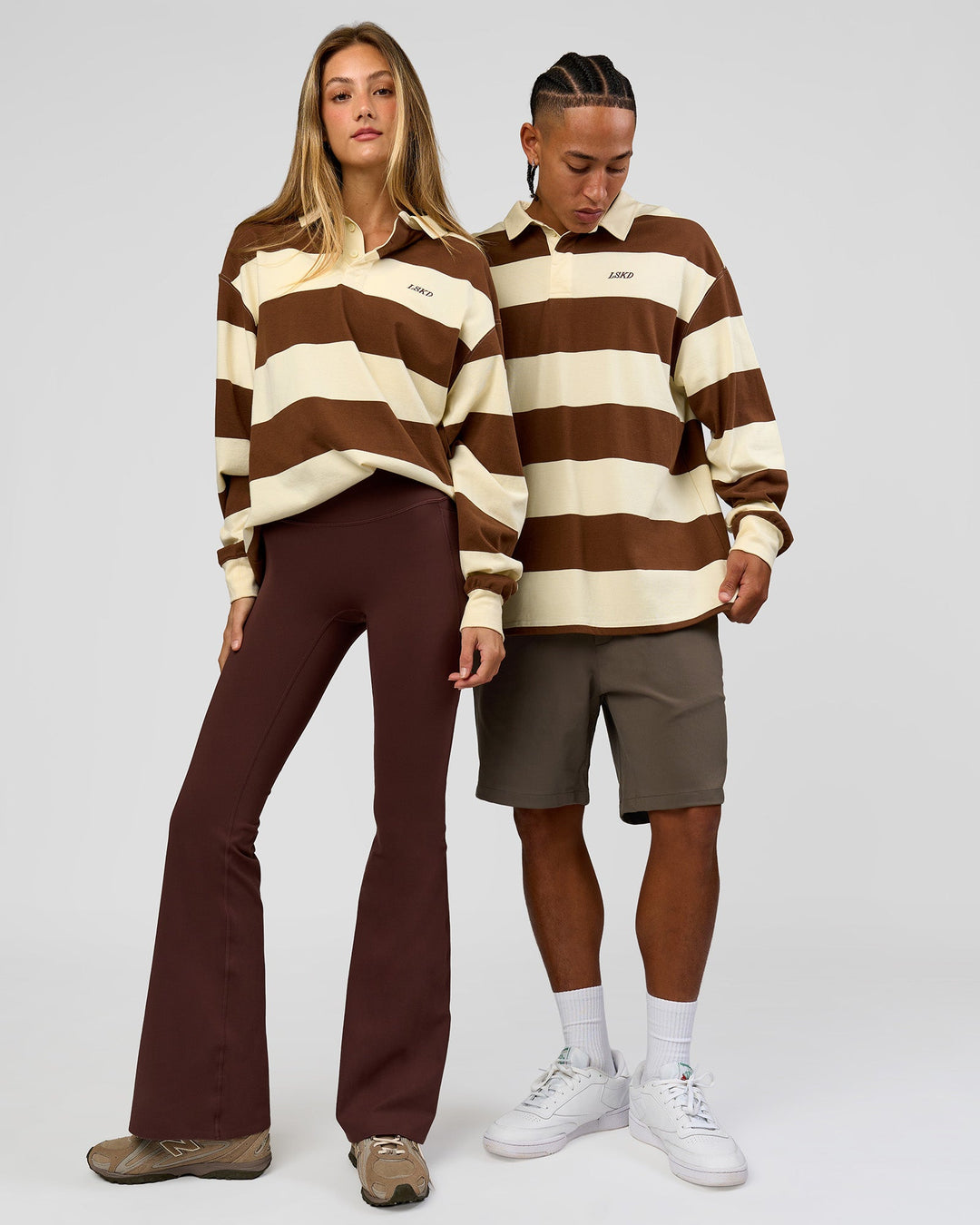 Duo wearing Clubhouse Unisex Polo - Off White-Brown | Model:Both | Size:Duo