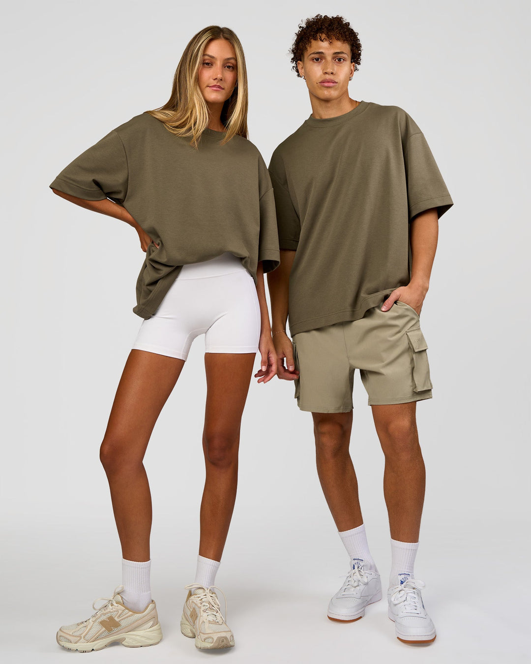 Duo wearing AfterDark ZeroCrease Oversized Tee - Walnut Grey | Model:Both | Size:Duo
