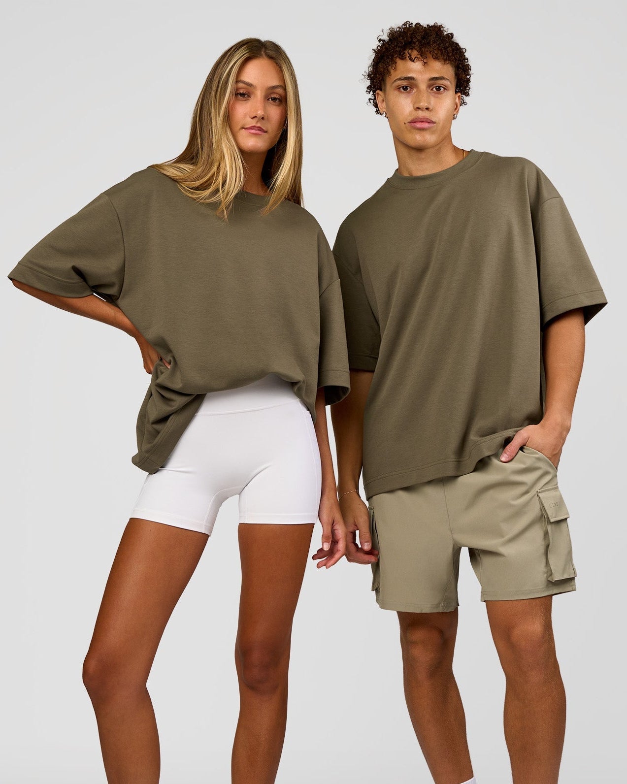 Duo wearing AfterDark ZeroCrease Oversized Tee - Walnut Grey | Model:Both | Size:Duo
