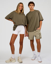Duo wearing AfterDark ZeroCrease Oversized Tee - Walnut Grey | Model:Both | Size:Duo