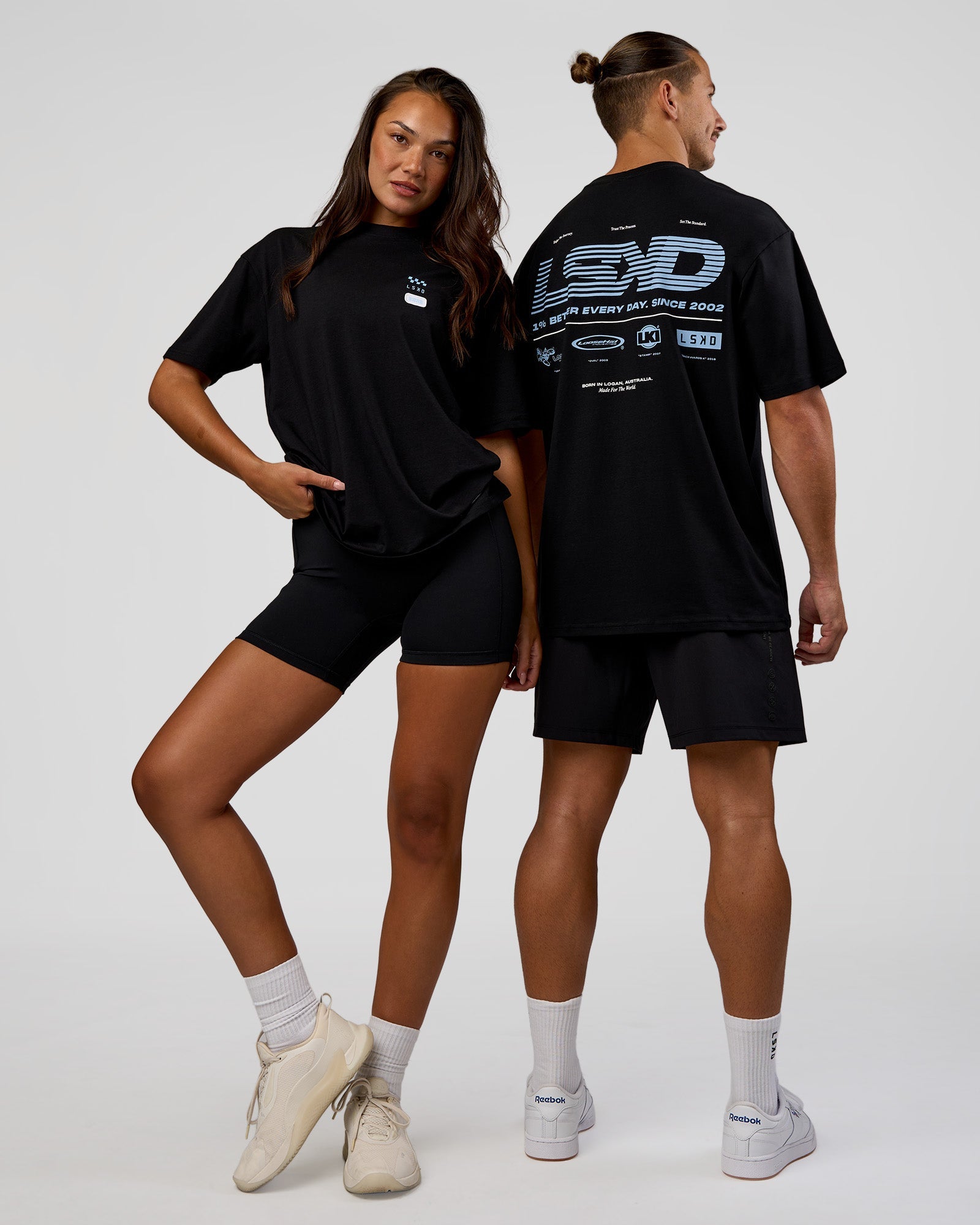 Duo wearing Archive FLXCotton Oversized Tee - Black-Open Air | Model:Both | Size:Duo