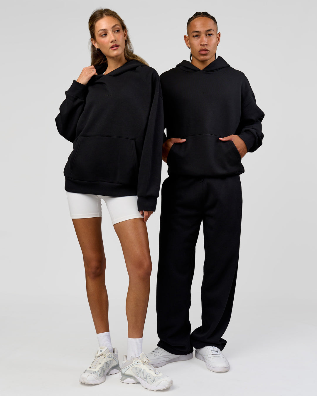 Duo wearing Base Oversized Hoodie - Shale Beige | Model:Georgia| Size:XS | Model:Malebo| Size: M |