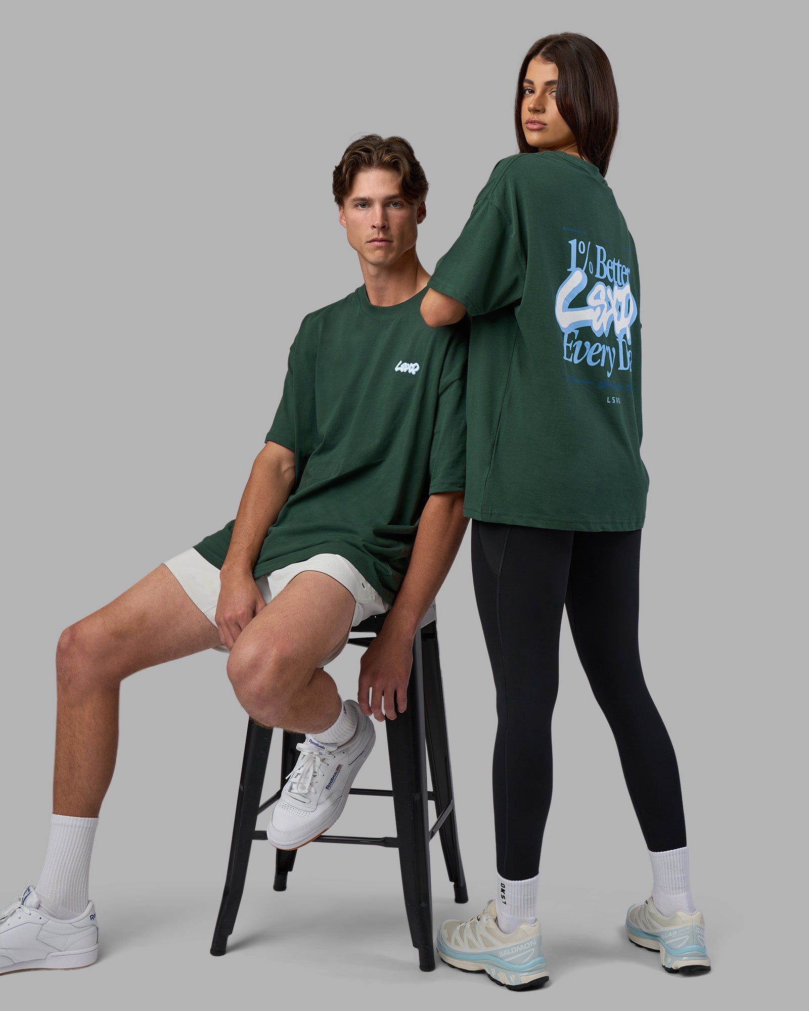 Duo wearing Break Through Heavyweight Oversized Tee - Vital Green-Open Air | Model:Both | Size:Duo