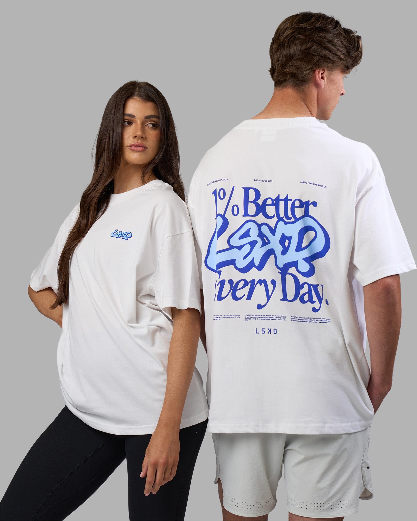 Duo wearing Break Through Heavyweight Oversized Tee - White-Power Cobalt | Model:Both | Size:Duo