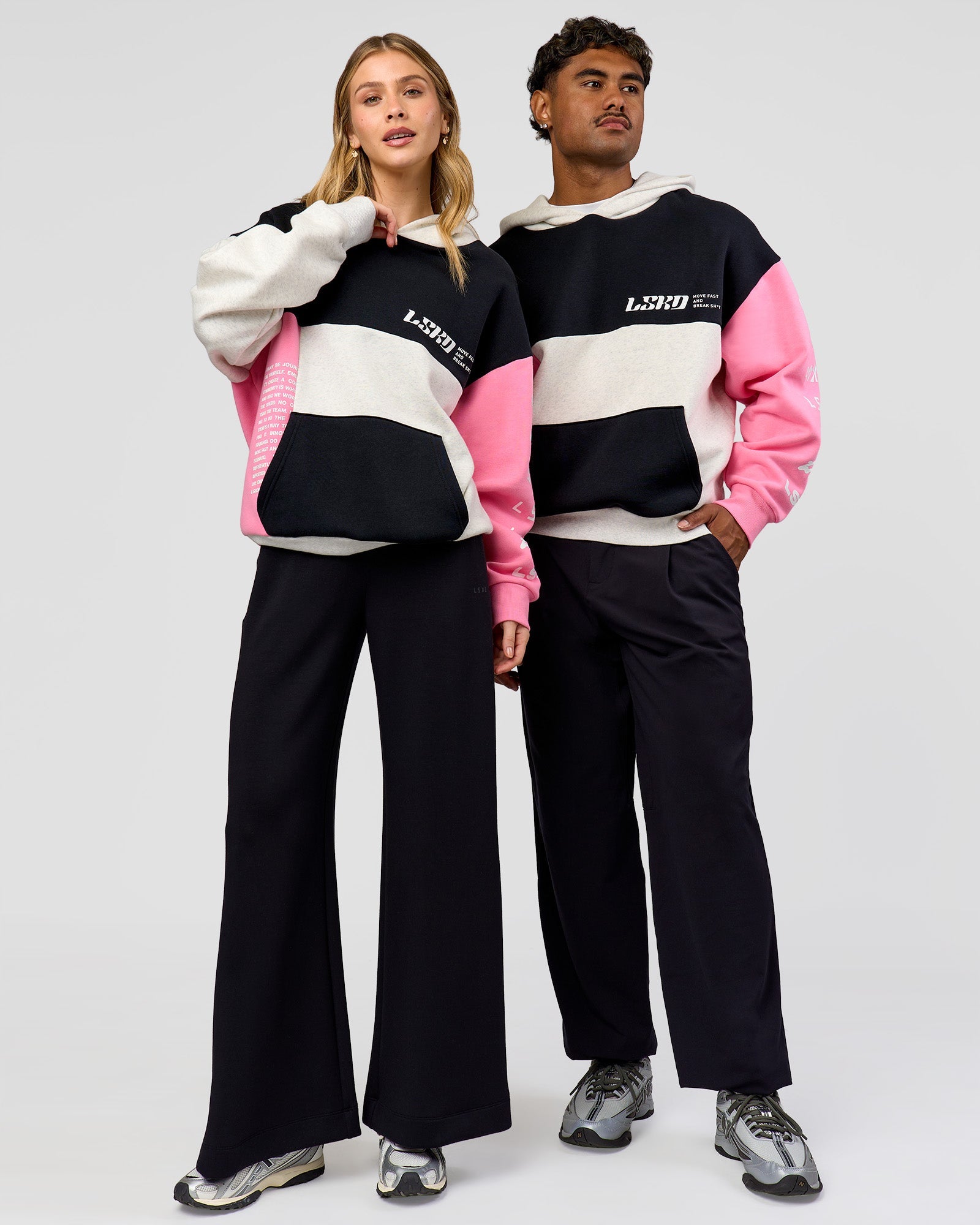 Duo wearing Deconstructed Fleece Hoodie - Caviar-Candy Pink-Grey Marl | Model:Both | Size:Duo