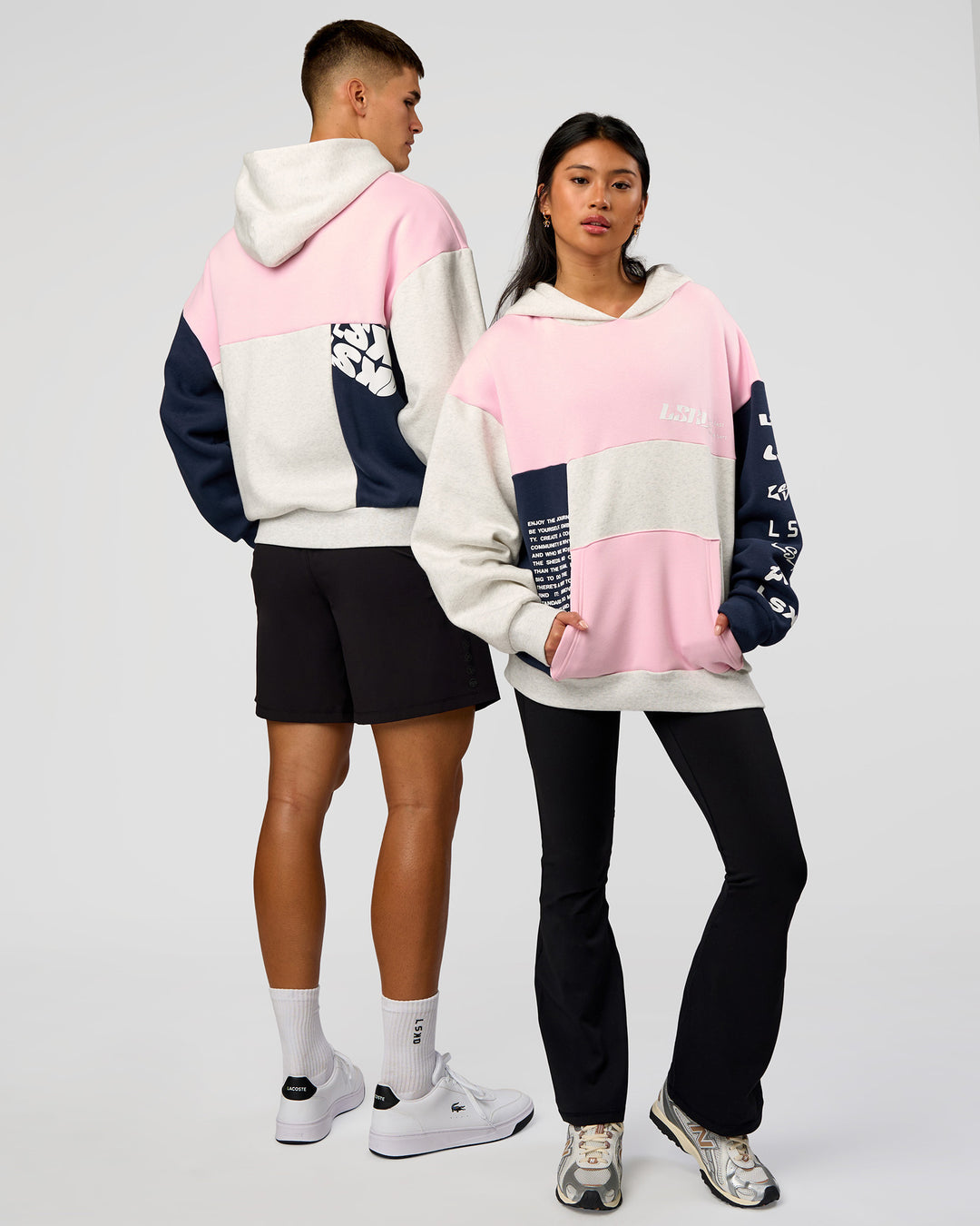 Duo wearing Deconstructed Fleece Hoodie - Grey Marl-Marshmallow-Navy | Model:Both | Size:Duo - view 1