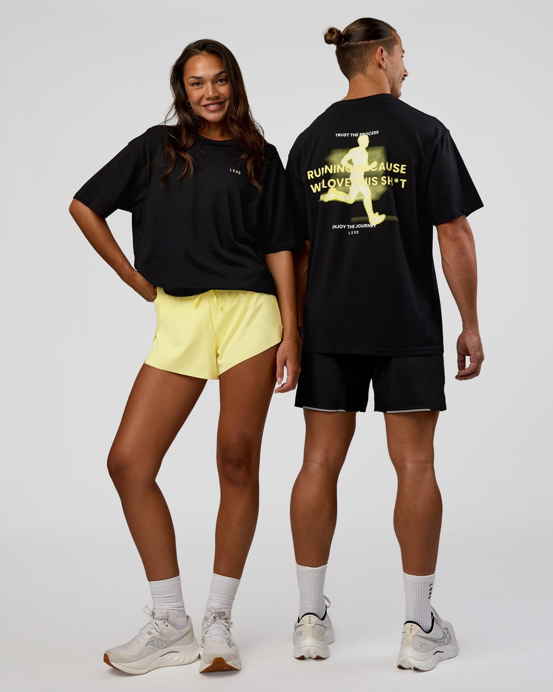 Duo wearing High Run FLXCotton Oversized Tee - Black-Yellow Fizz | Model:Both | Size:Duo