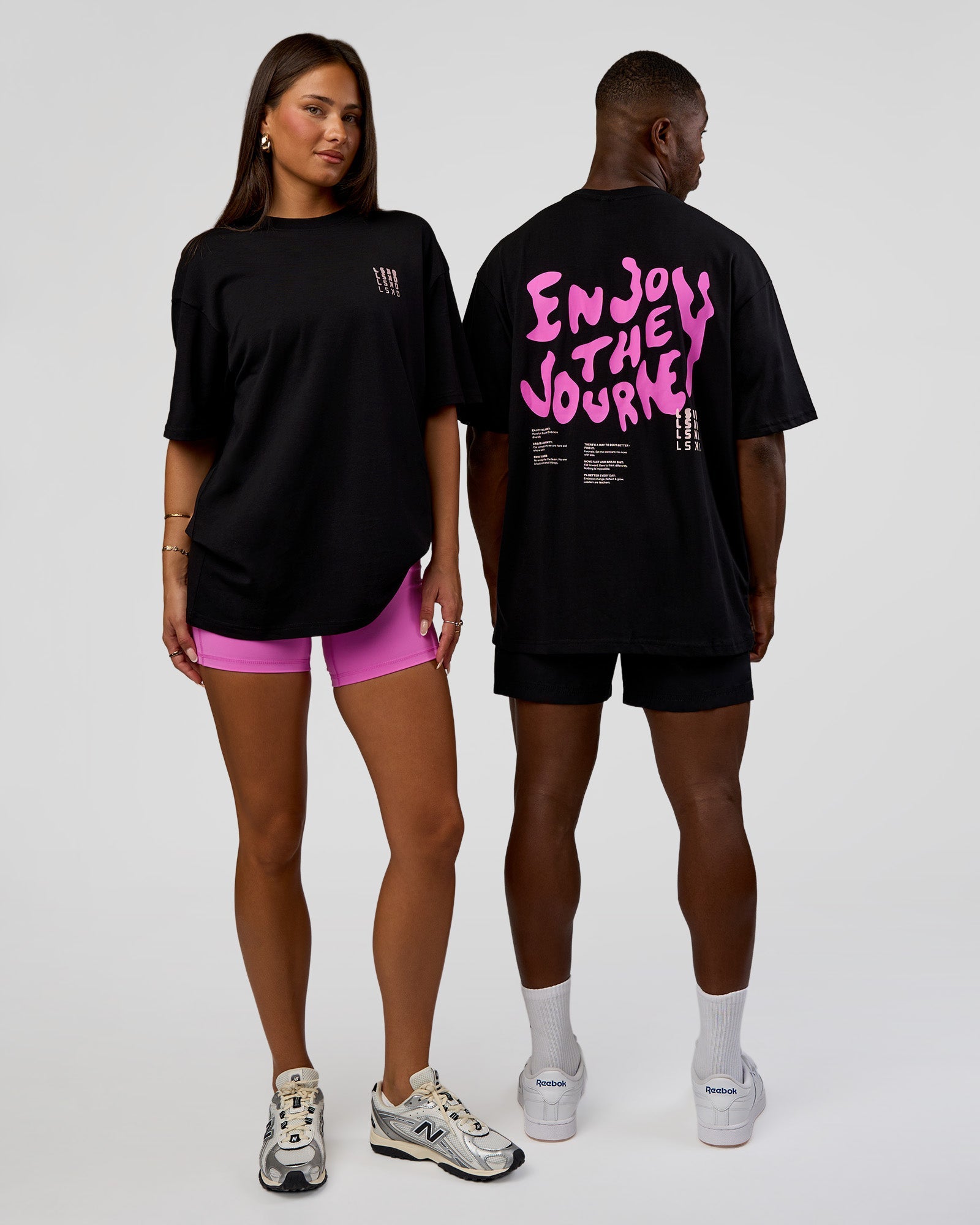 Duo wearing Inferno Journey FLXCotton Oversized Tee - Black-Ultra Fuchsia | Model:Both | Size:Duo