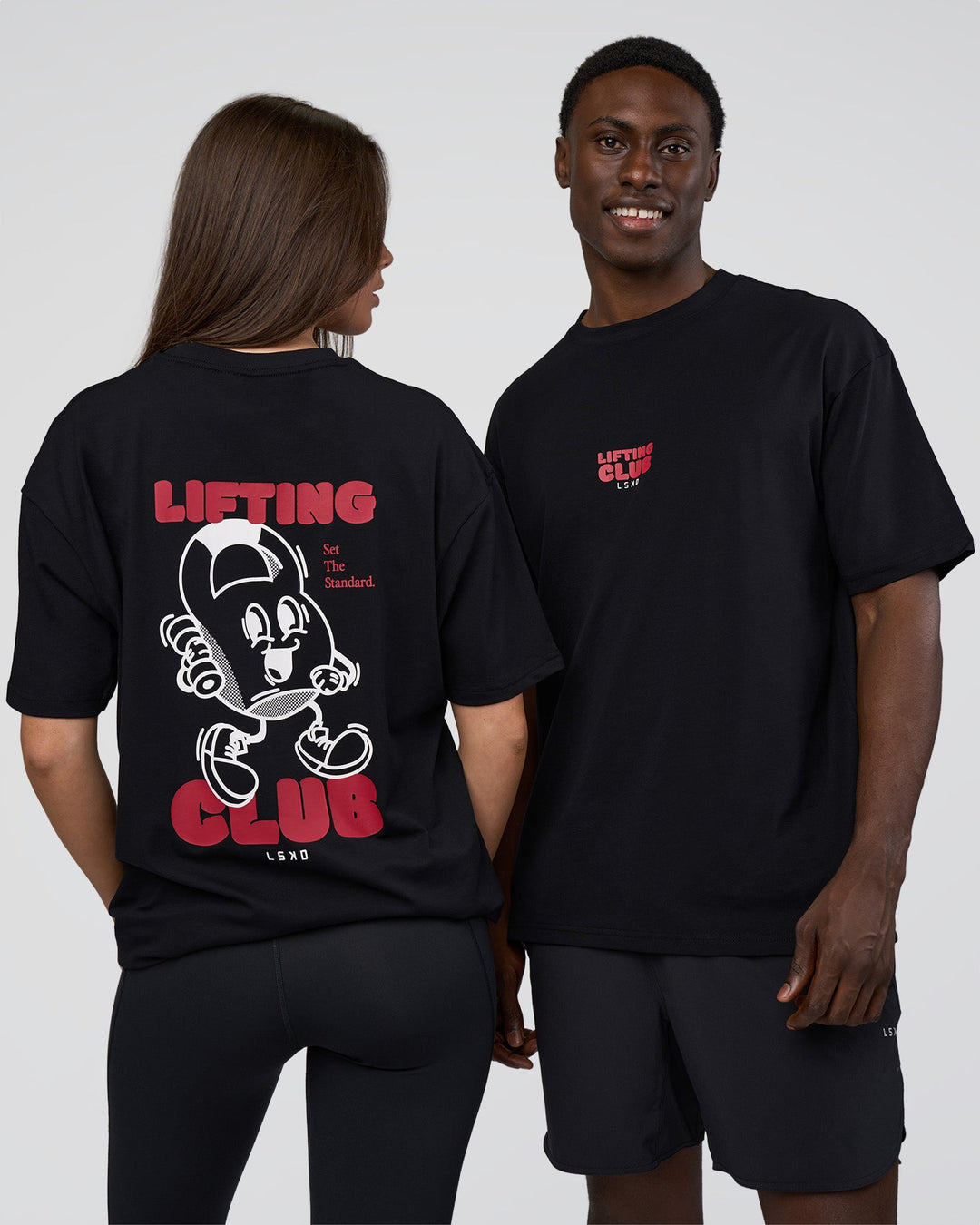 Duo wearing Kettle B FLXCotton Oversized Tee - Black-White | Model:Duo | Size:Both