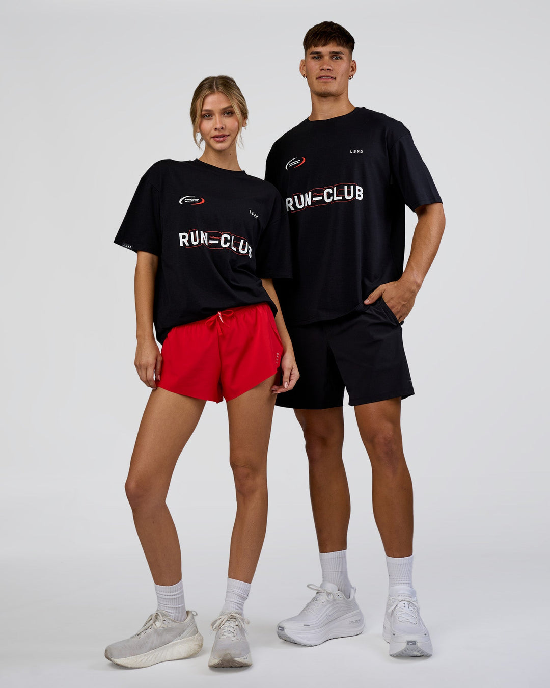 Duo wearing LSKD Run Club FLXCotton Oversized Tee - Black-White | Model:Both | Size:Duo