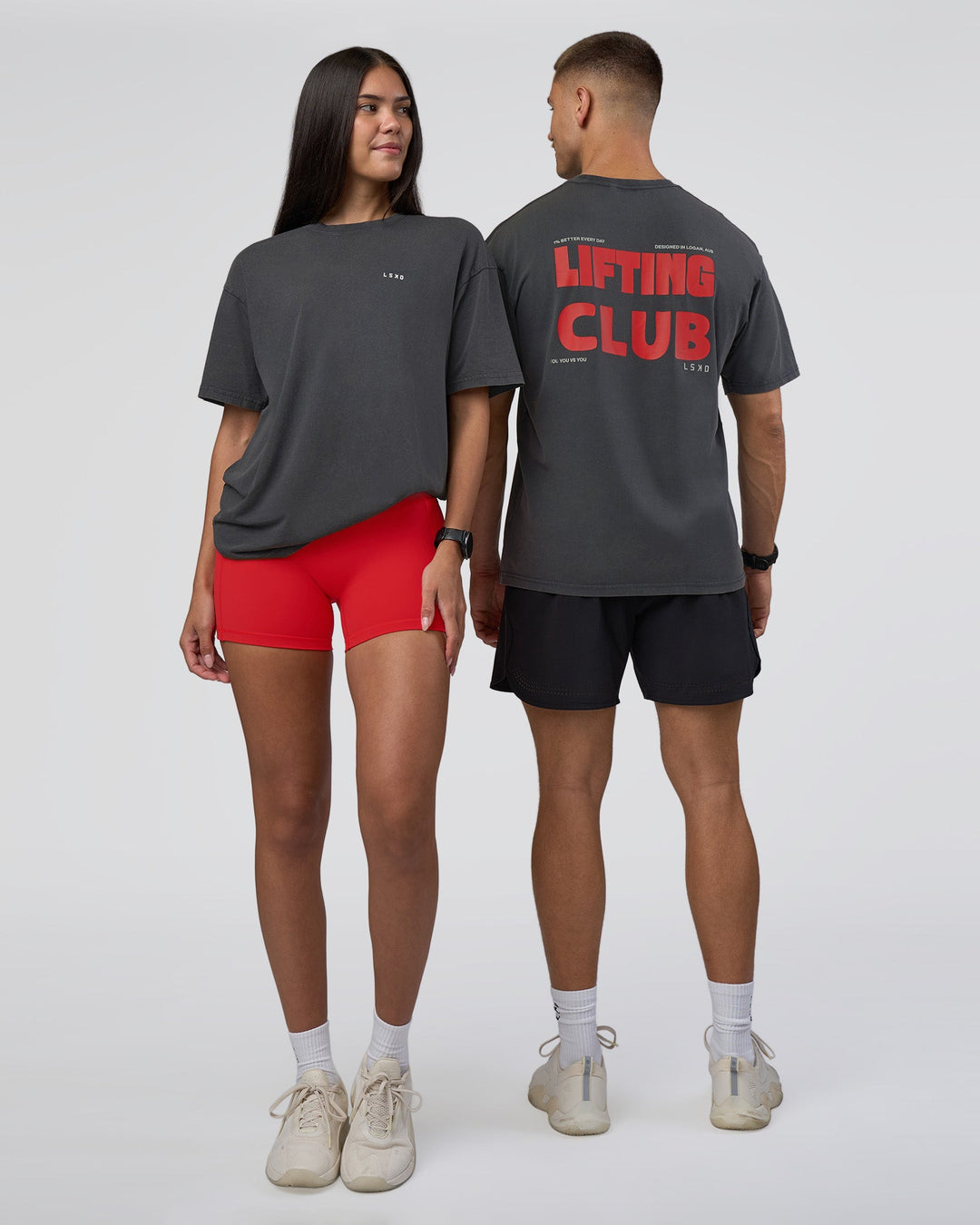 Duo wearing Lifting FLXCotton Oversized Tee - Black Washed-Flame | Model:Both | Size:Duo