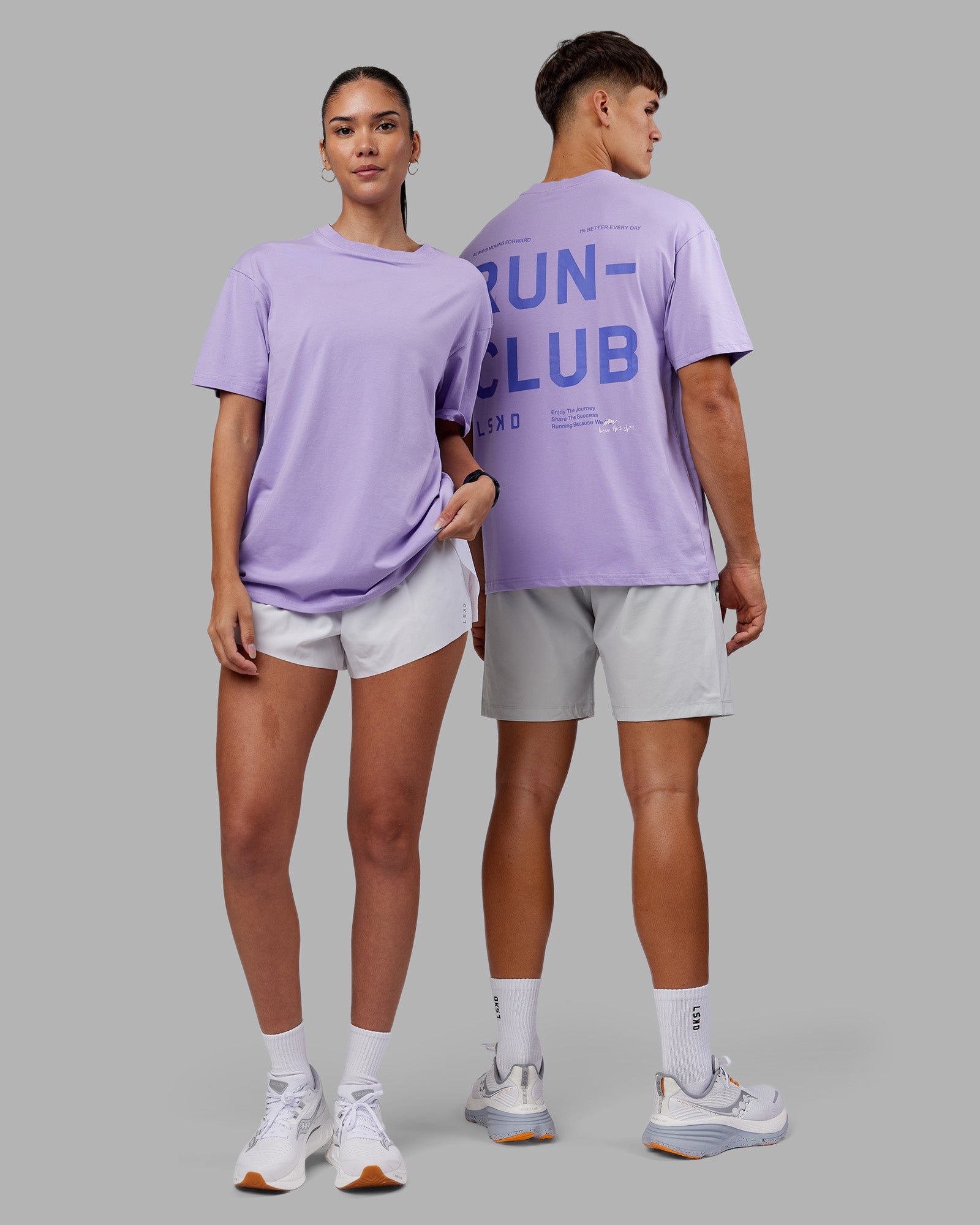 Duo wearing Love The Run FLXCotton Tee Oversize - Violet Ray-Royal Purple | Model:Both | Size:Duo