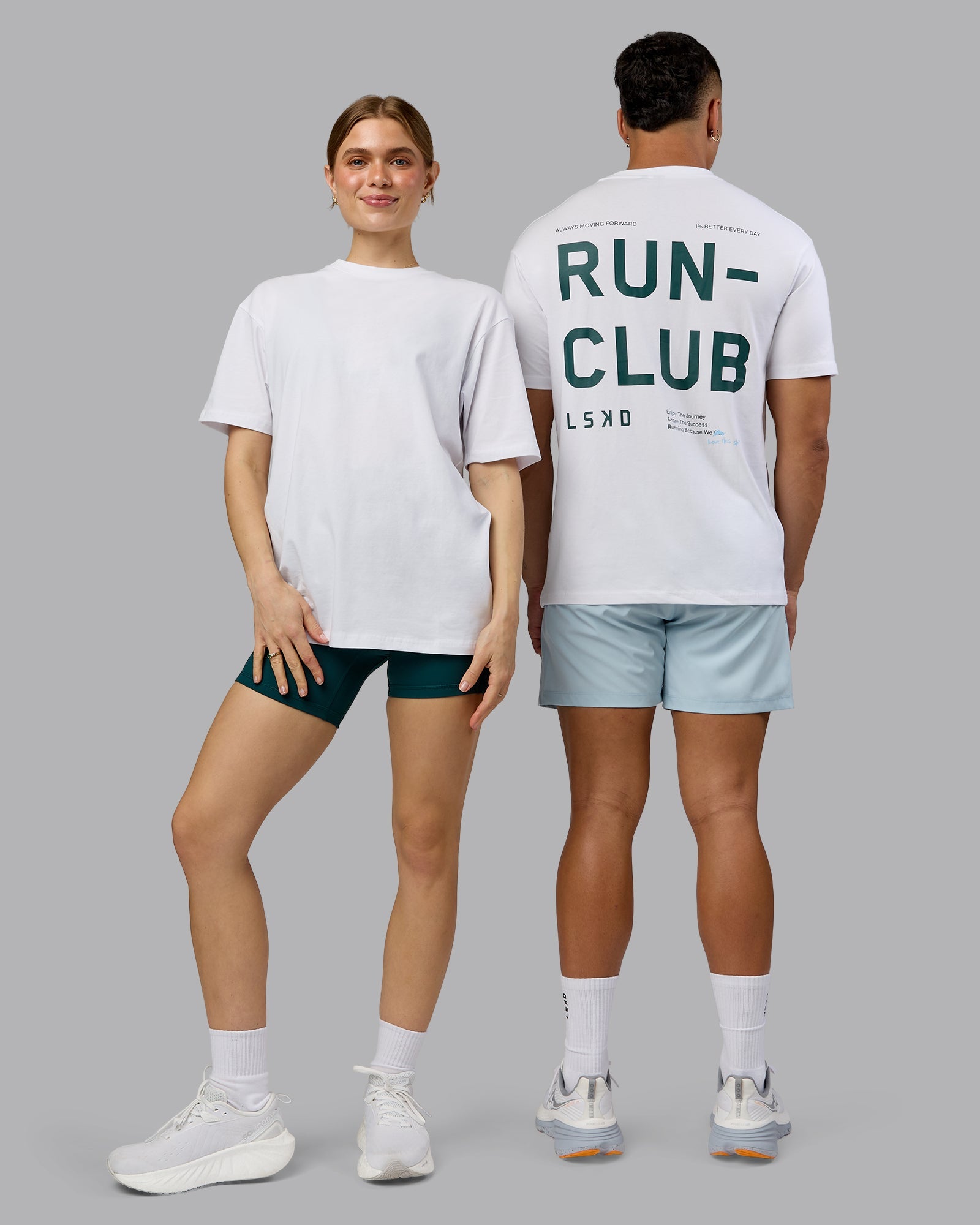 Duo wearing Love The Run FLXCotton Tee Oversize - White-Dark Moss | Model:Both | Size:Duo