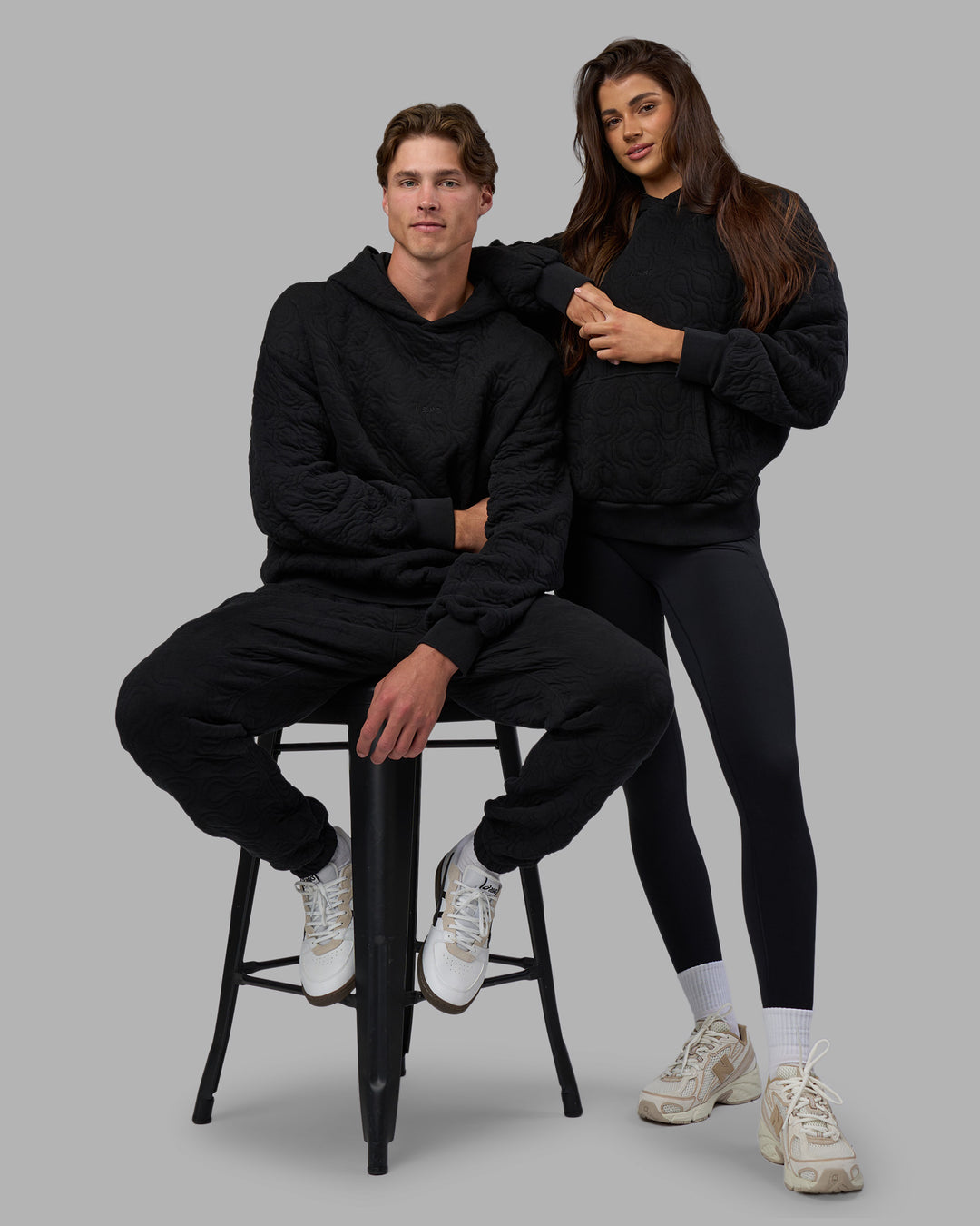 Duo wearing MVP Quilted Oversized Hoodie - Black-Geometric | Model:Both | Size:Duo